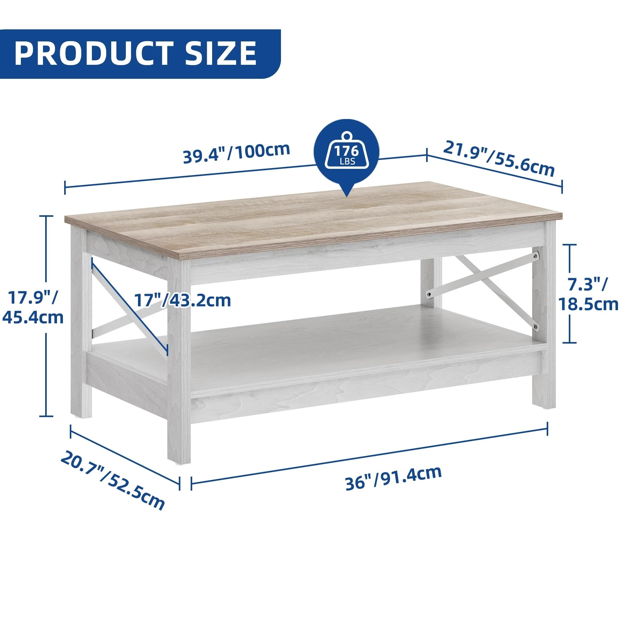 Farmhouse Coffee Table with Storage 2-Tier Center Table for Living Room Grey Wash Top+White(Grey Wash Top+White) - Image 6