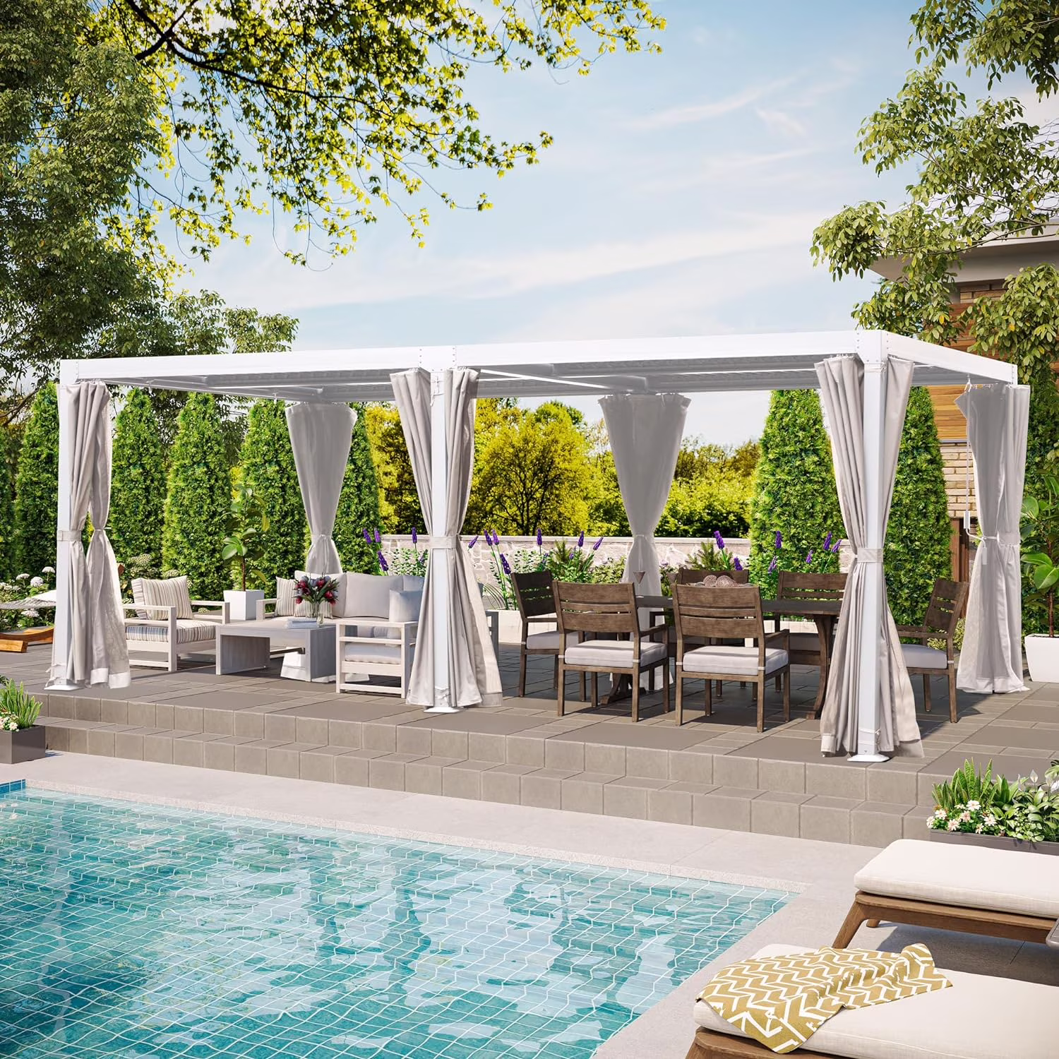 GAZEBETER 12' x 20' Louvered Pergola, Outdoor Aluminium Pergola with Adjustable Roof, Curtains and Netting, Hardtop Gazebo for Patio, Deck, Garden, Yard, Beach, White