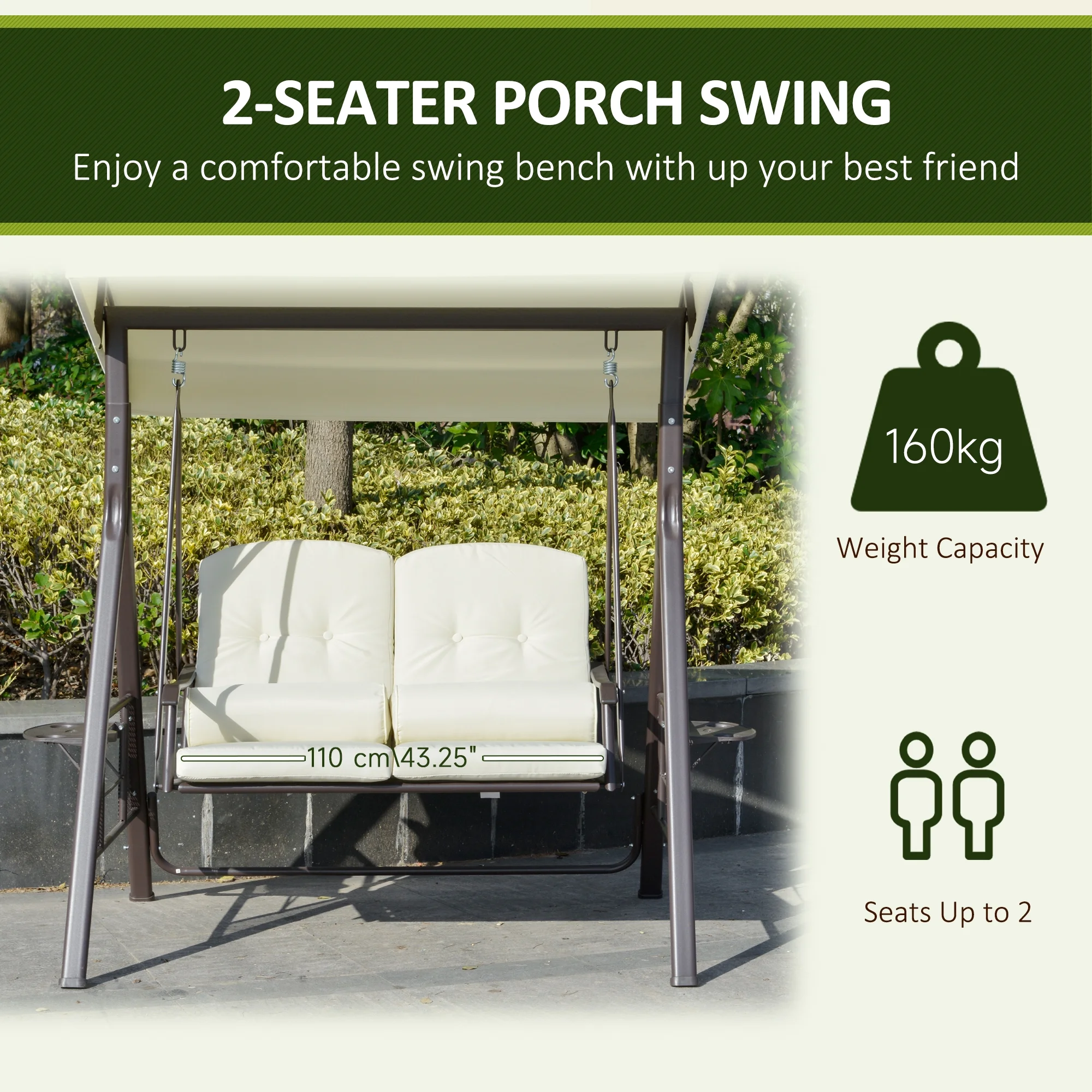 2-Person Patio Swing Bench with Adjustable Shade Canopy, Soft Cushions, Throw Pillows and Tray, Beige.(Beige) - Image 5