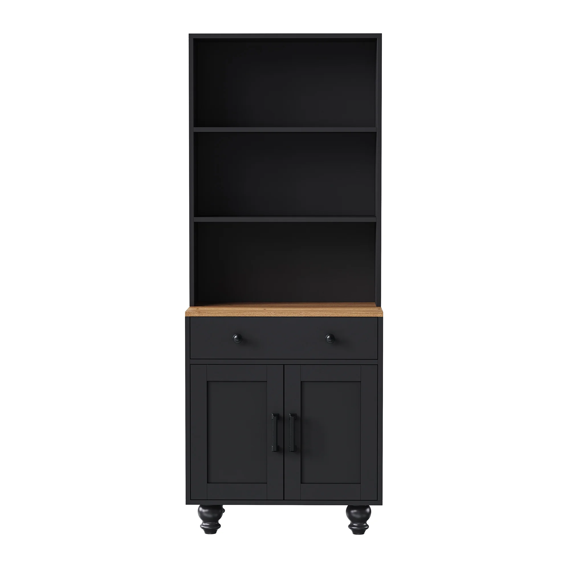 Kitchen Pantry Storage Cabinet, Farmhouse Kitchen Hutch Cabinet with Adjustable Shelves and Drawers, Gourd-shaped Legs, 5 Tier Floor Book Shelf for Study Room(Black + Dark Walnut) - Image 7