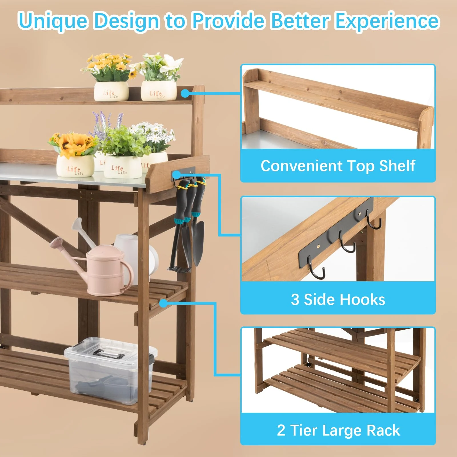 Outdoor Wooden Folding Potting Bench Table, Fir Wood Garden Workstation with Galvanized Tabletop, 2 Tier Storage Shelves, Brown(35"Lx17.3"Wx46"H) - Image 3