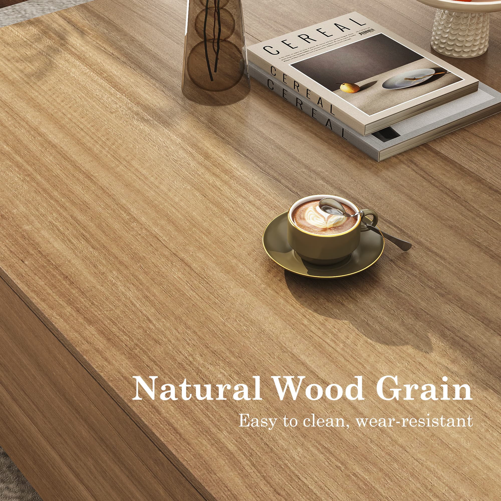 Square Coffee Table with 2 Large Drawers, 43" Mid Century Modern Coffee Table with Storage, Wood Cocktail Table Center Table with Storage for Living Room, Wood Grain(43"/Light Brown) - Image 7
