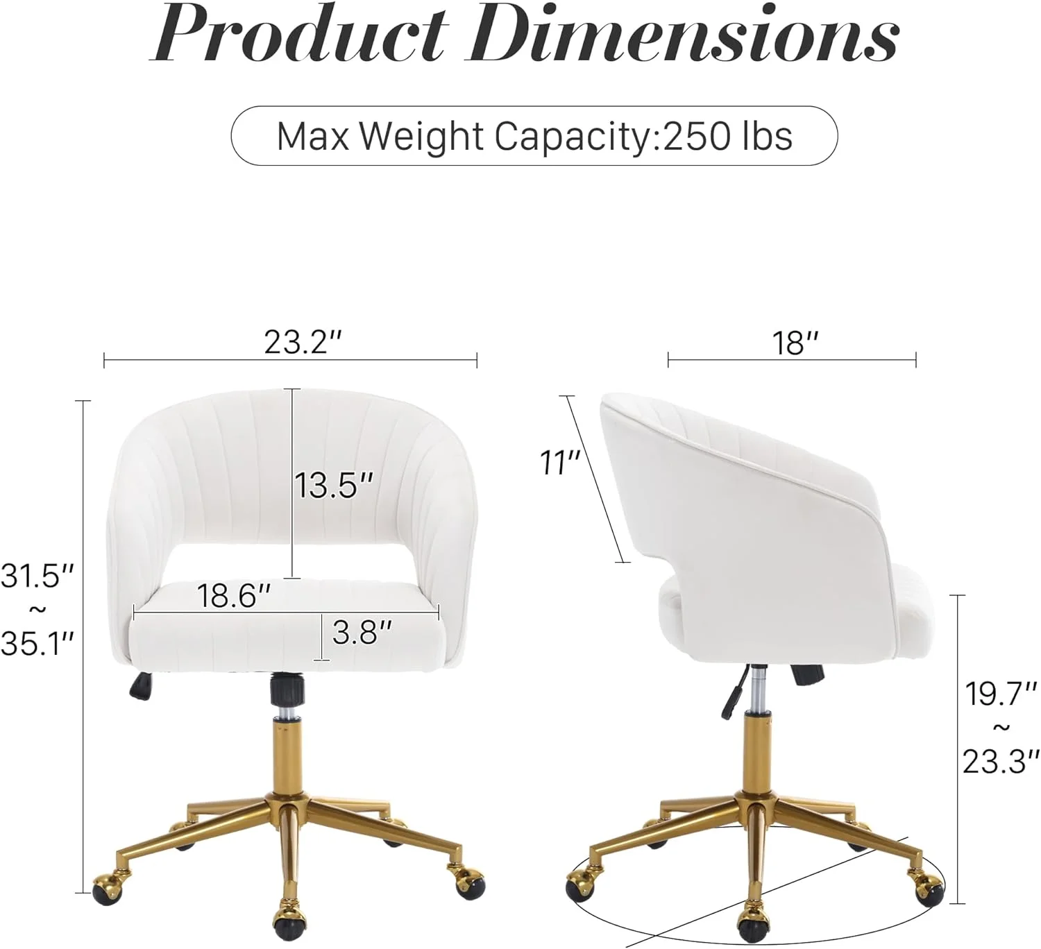 Home Office Swivel Desk Chair, Modern Velvet Vanity Chair, Height Adjustable Armchair with Gold Base, Ergonomic Office Chair for Task Study Computer Room, Beige(Beige) - Image 5