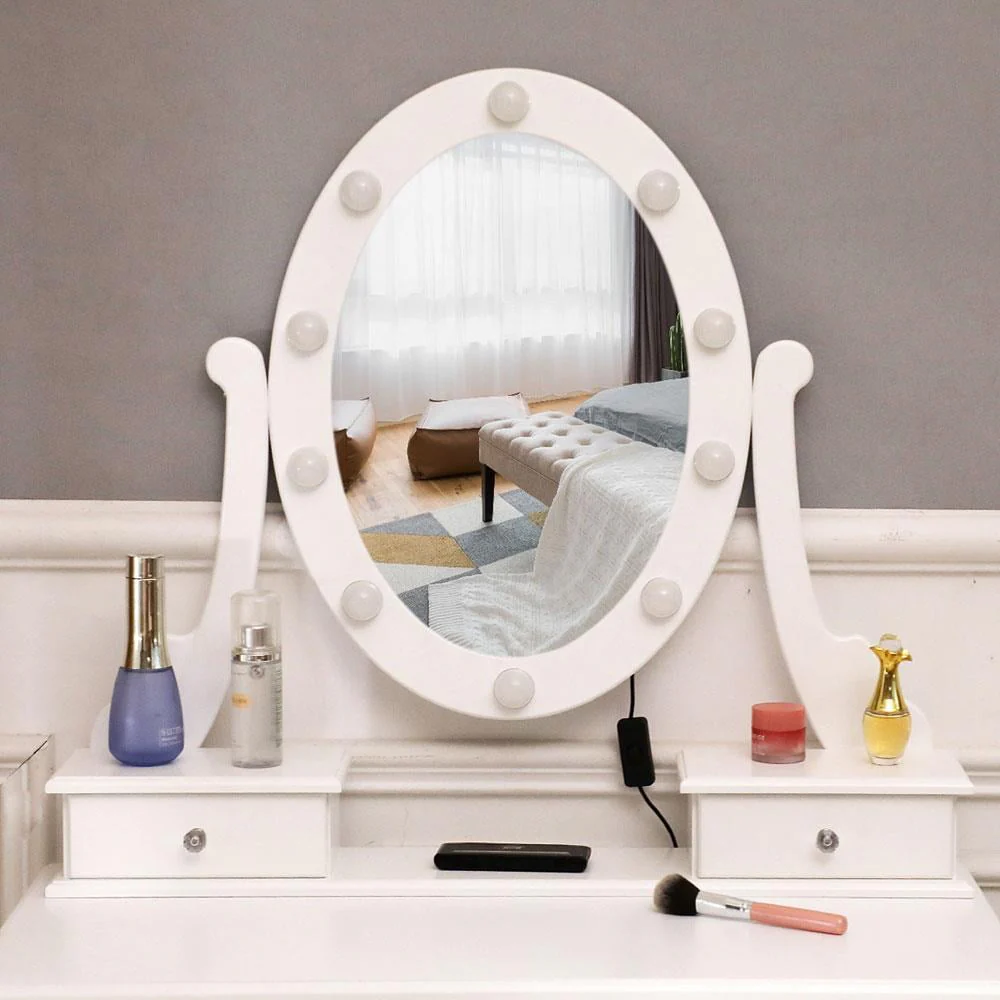 Vanity Table 10 LED Lights, 5 Drawers Makeup Dressing Desk with Cushioned Stool Set,Bedroom Vanities Set White - Image 7