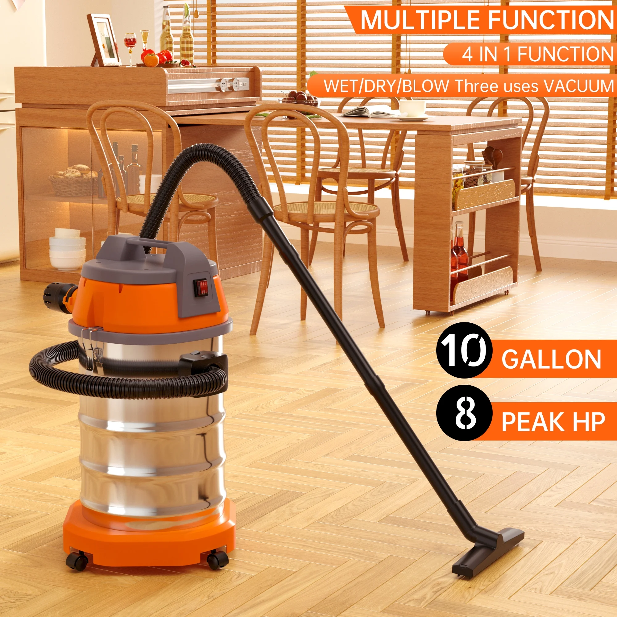 Wet Dry Vacuum Cleaner, 10 Gallon 3200w 8 Peak Stainless Steel Shop Vacuum Wet and Dry, with Filter and Attachments for House Garage Workshop Car - Image 5