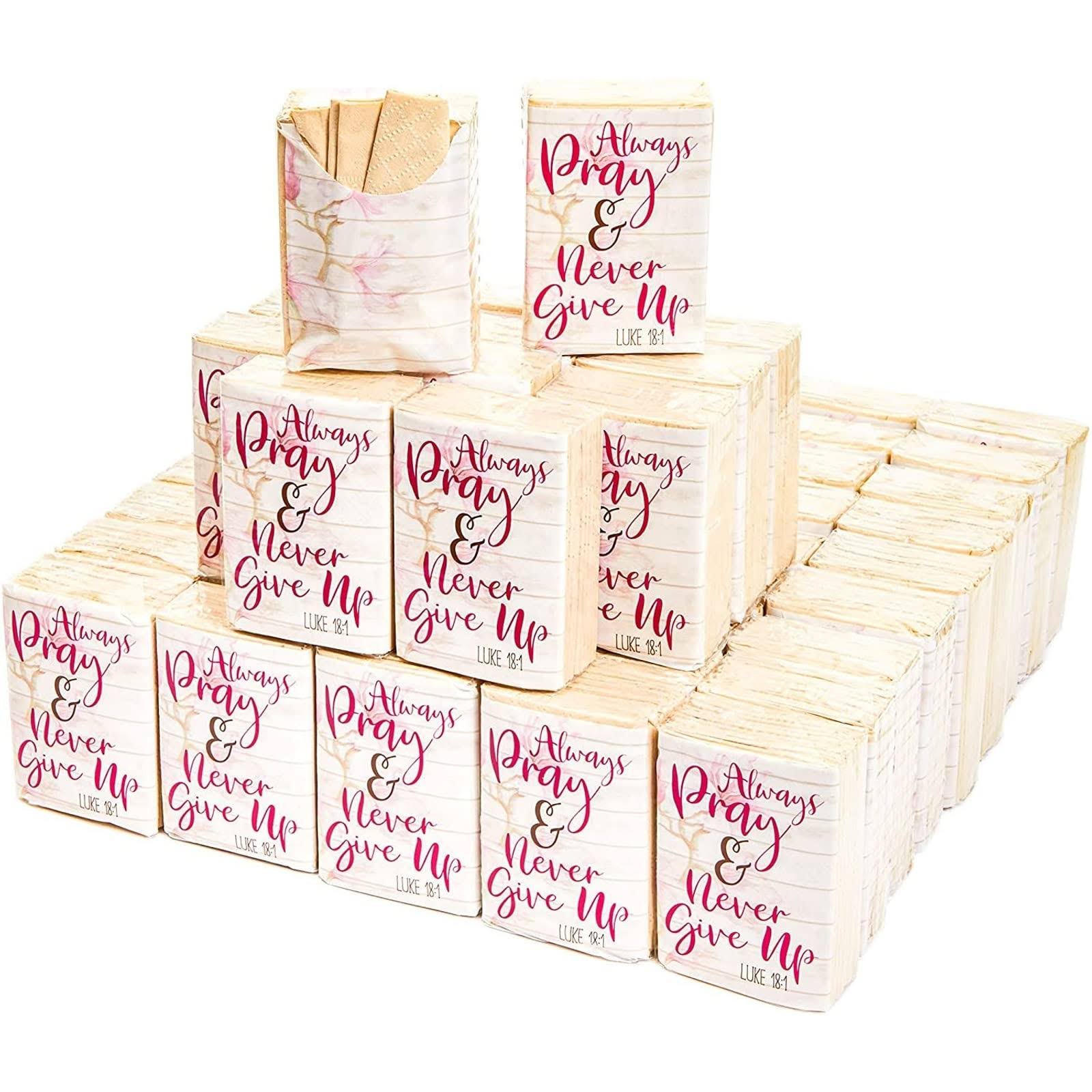 60 Pack Pocket-Size Tissues Bulk, Always Pray and Never Give Up Luke 18:1, for Party Favors, Graduation Ceremonies, Funeral, 3-Ply, Brown