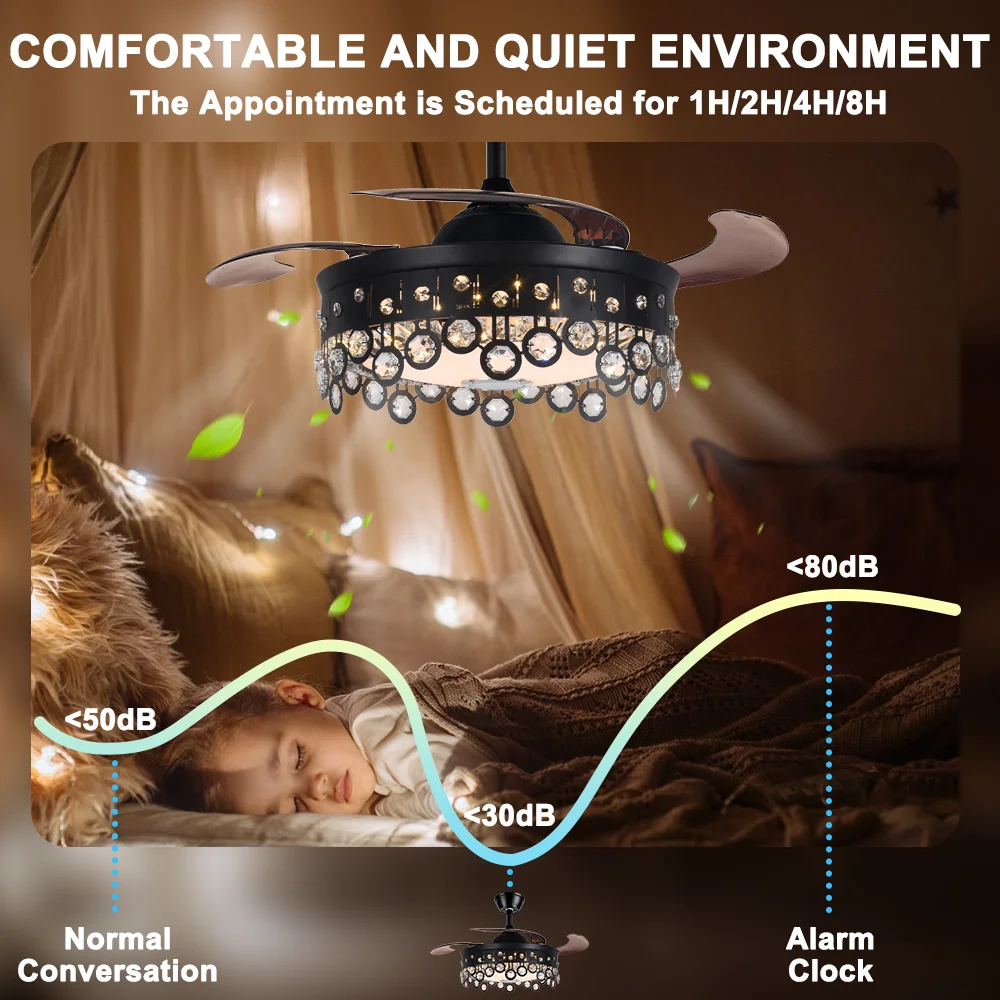 AFANQI 42" Black Modern Fandelier Ceiling Fan with Light Remote, Retractable Bluetooth Ceiling Fan with 7 Colors Silent Motor Crystal Chandelier