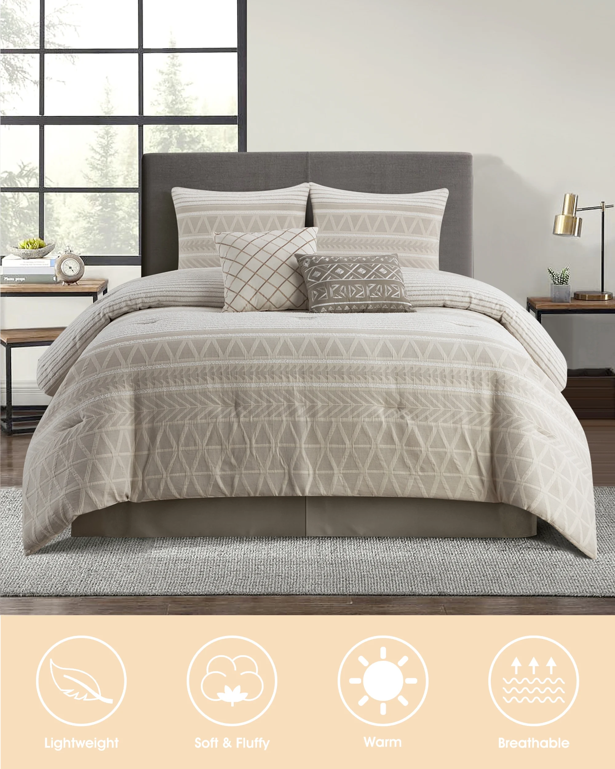 Lanco 100% Cotton Queen Size Comforter Set, 6 Piece, Beige Geometric Jacquard Bedding Set