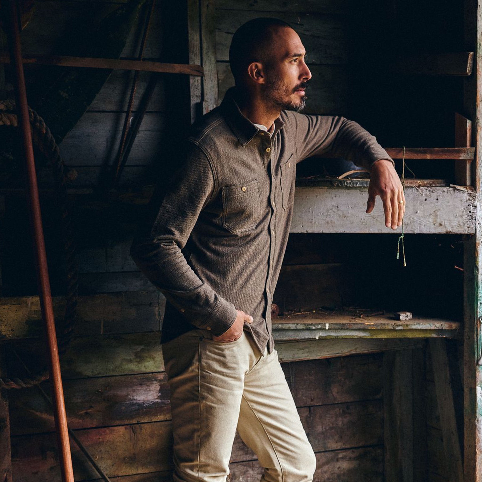 Chemise utilitaire en maille sergée molletonnée olive kaki