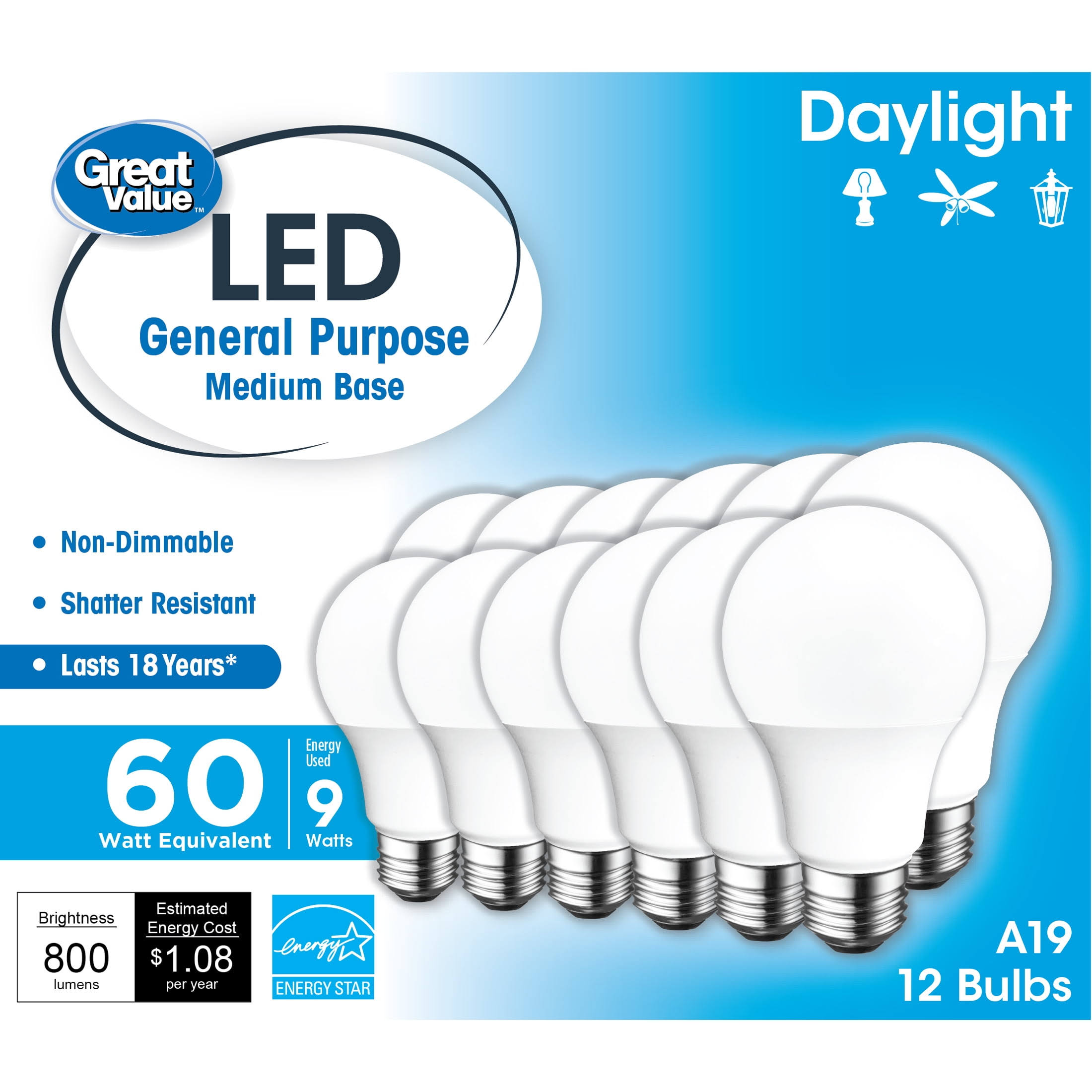 Great Value LED Light Bulb, 9W (60W Equivalent) A19 General Purpose Lamp E26 Medium Base, Non-Dimmable, Daylight, 12-Pack, Size: 12 Bulbs