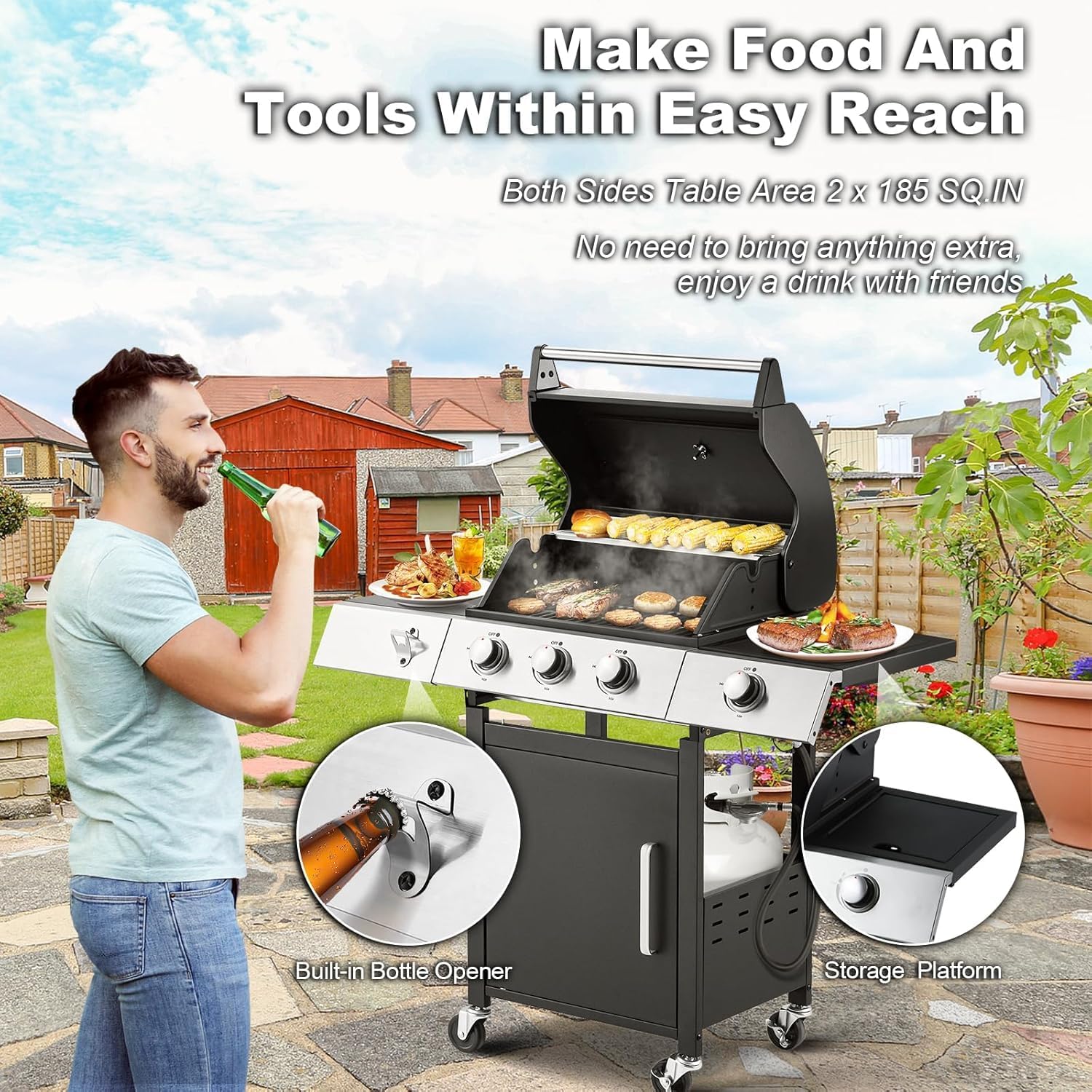 Upgraded 4 Burner Bbq Propane Gas Grill with Cast Iron Grates & Side Stove, 44,000 btu Stainless Steel Burner Barbecue Grill for Patio,…
