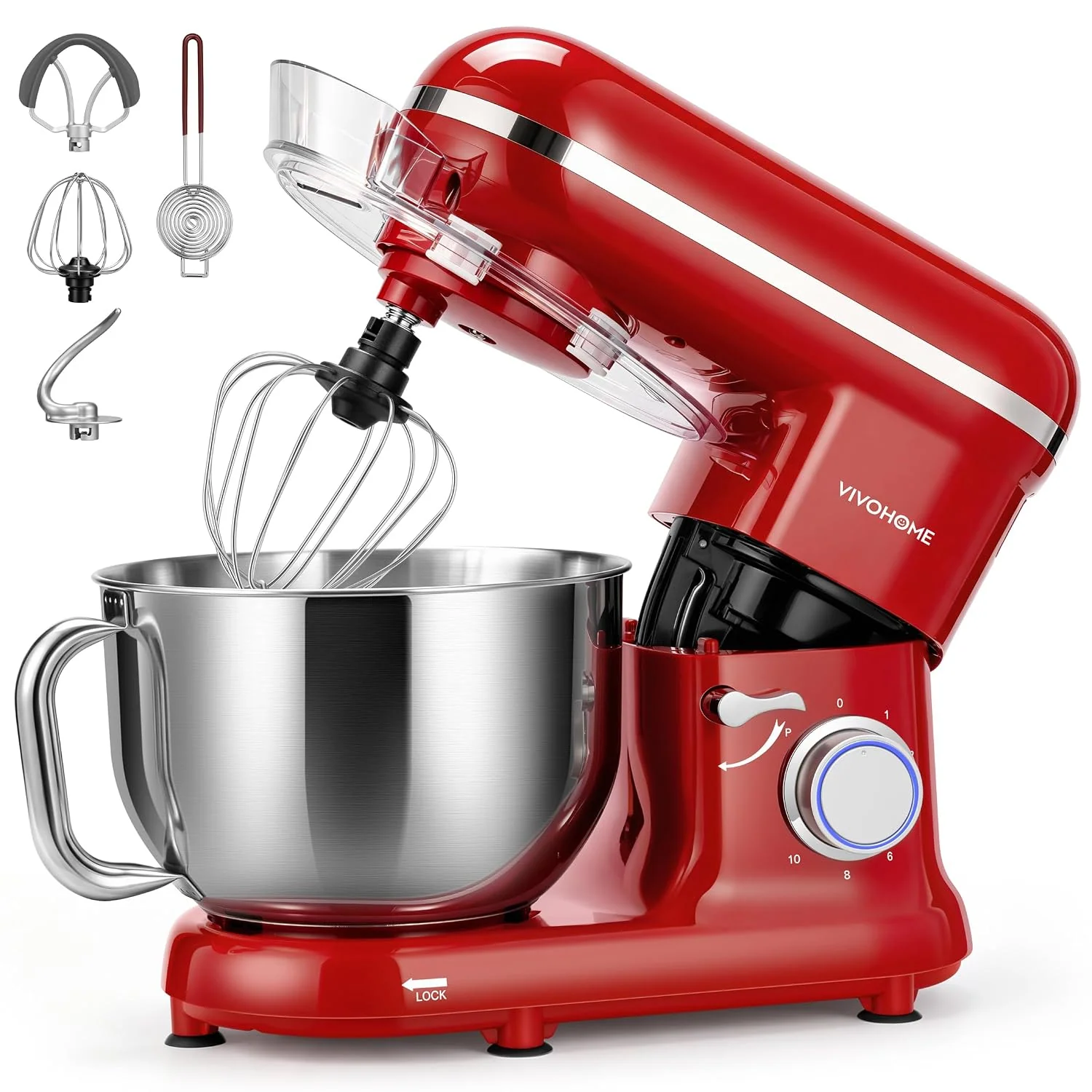 VIVOHOME Stand Mixer, 6-Quart Tilt-Head Kitchen Mixer with Bowl, Red