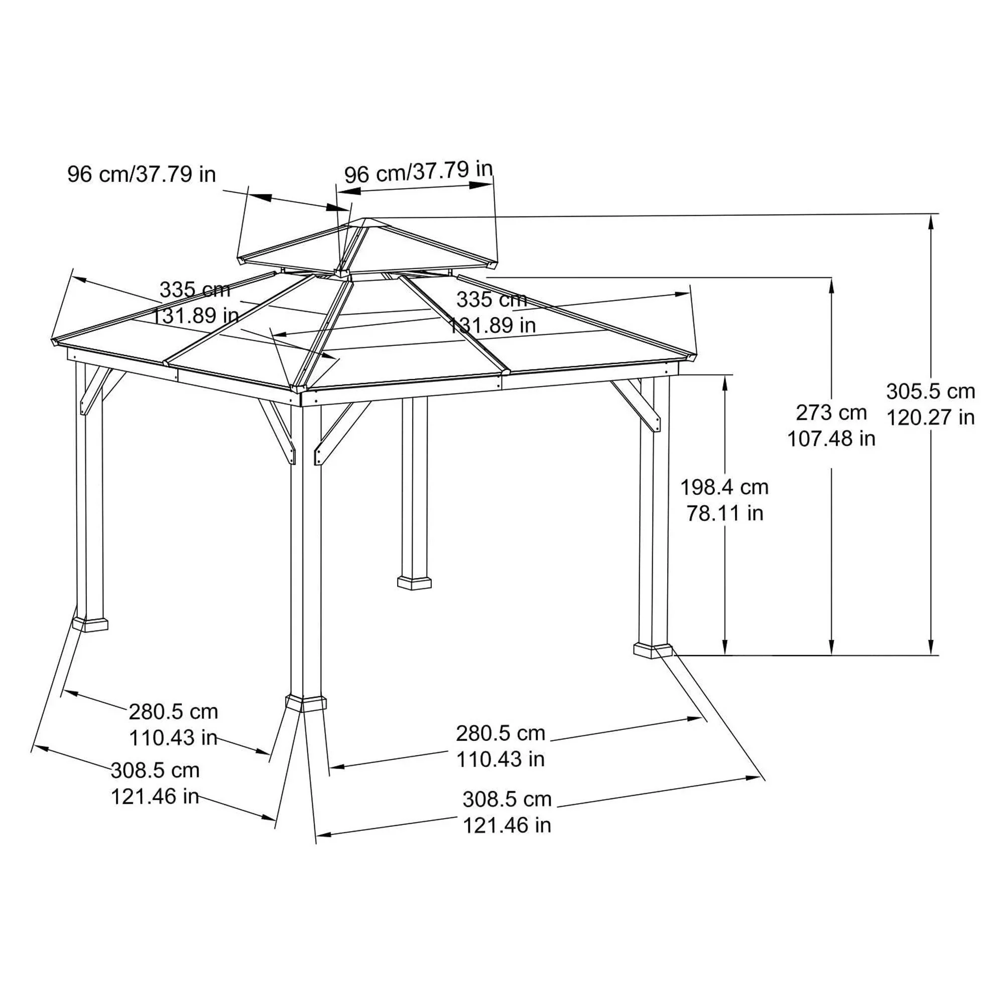 Gazebo de 3 m x 3 m à ossature cèdre avec toit rigide à deux pans en acier