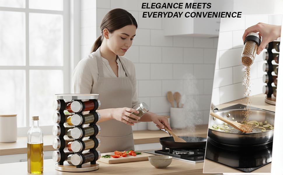 20 Jar Rotating Spice Rack, Wood & Stainless Steel Countertop