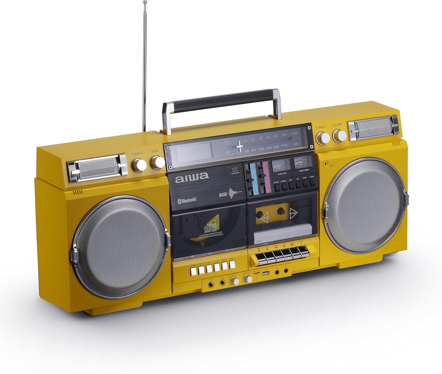 aiwa Retro Boombox CD Player with Cassette Recording  Bluetooth 5.0  FM/AM Radio  USB/SD/AUX Inputs  VU Meters  LCD Display  Dual 40W Speakers - Yellow