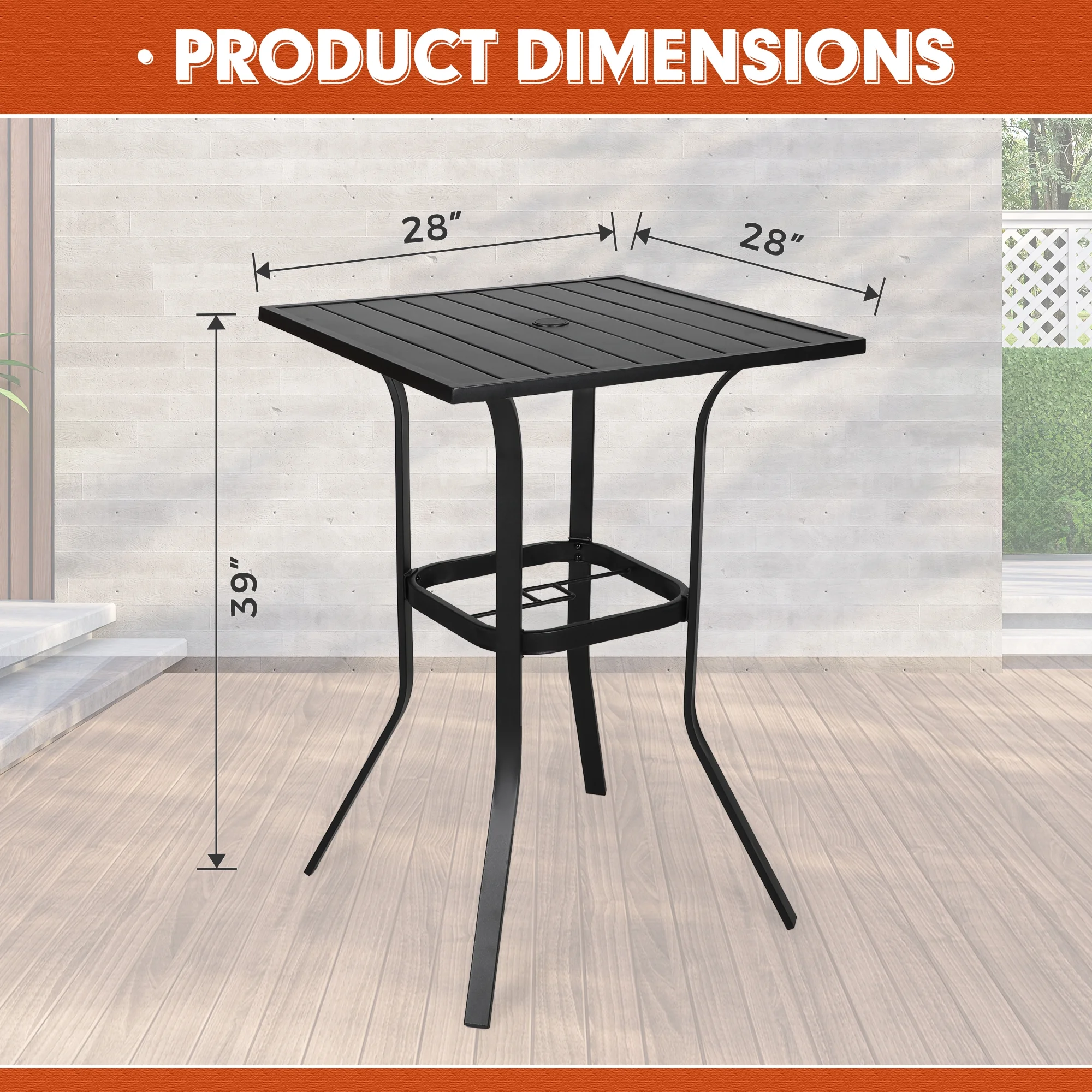 Outdoor Patio Bar Height Table Metal Bistro Table with Umbrella Hole, Black - Image 3