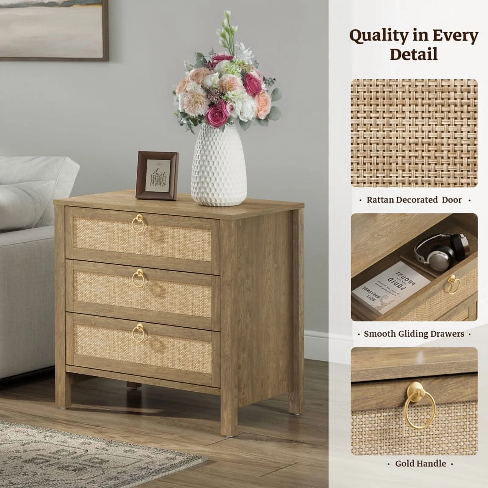 Oak Boho 3-Drawer Nightstand Set of 2 Extra Wide Storage Night Stand with Gold Handles LargeTall Bed Side Table for Bedroom Living Room Enterway(Cherry Oak/Single) - Image 4