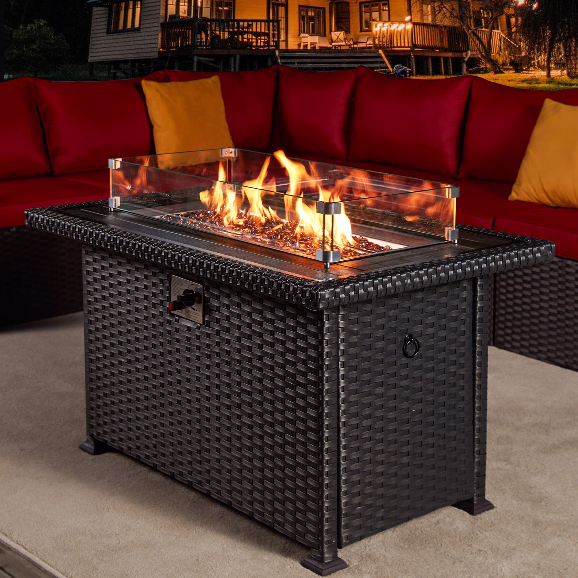 HOMREST Propane Fire Pit Table, 44 in 50, 000 BTU Auto - Ignition Gas Fire Pit Table Rectangular /W Glass Wind Guard, Wood Plastic Composites Tabletop, CSA Certification Firepit for Outdoor Patio Lawn