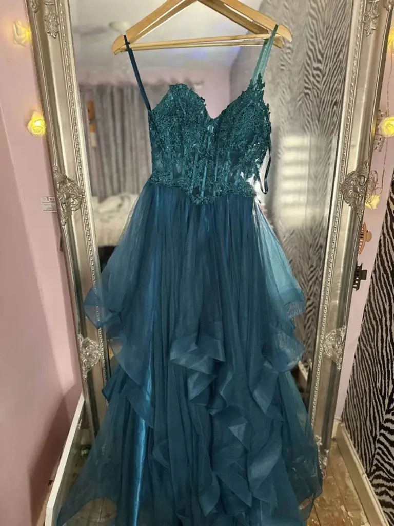 V Neck Fluffy Blue Lace Long Prom Dresses, Blue Lace Formal Evening Dresses DMP317