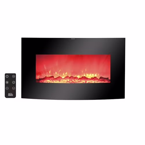 AGL APPLIANCES LLC 38 in Electric Fireplace Heater Stove | Tempered Glass Curved Screen with Log or Crystal Effect | Wall - Mounted/Free Standing | Adjustable Brightness with Remote Control