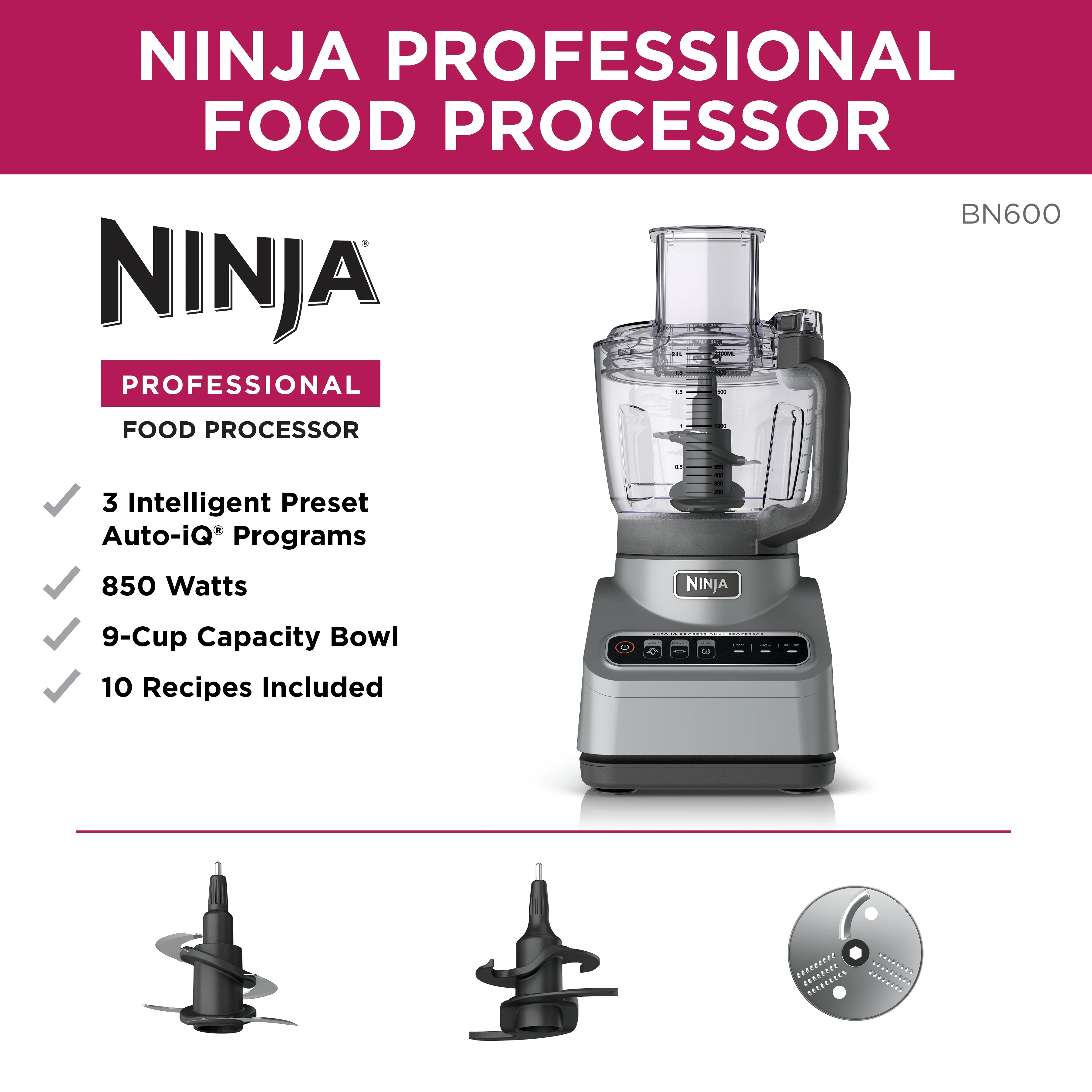 Professional 9 Cup Food Processor, 850 Watts, Auto-iQ 3 Presets, Chop, Dough, Slice, Shred, BN600 Silver(Gray) - Image 5