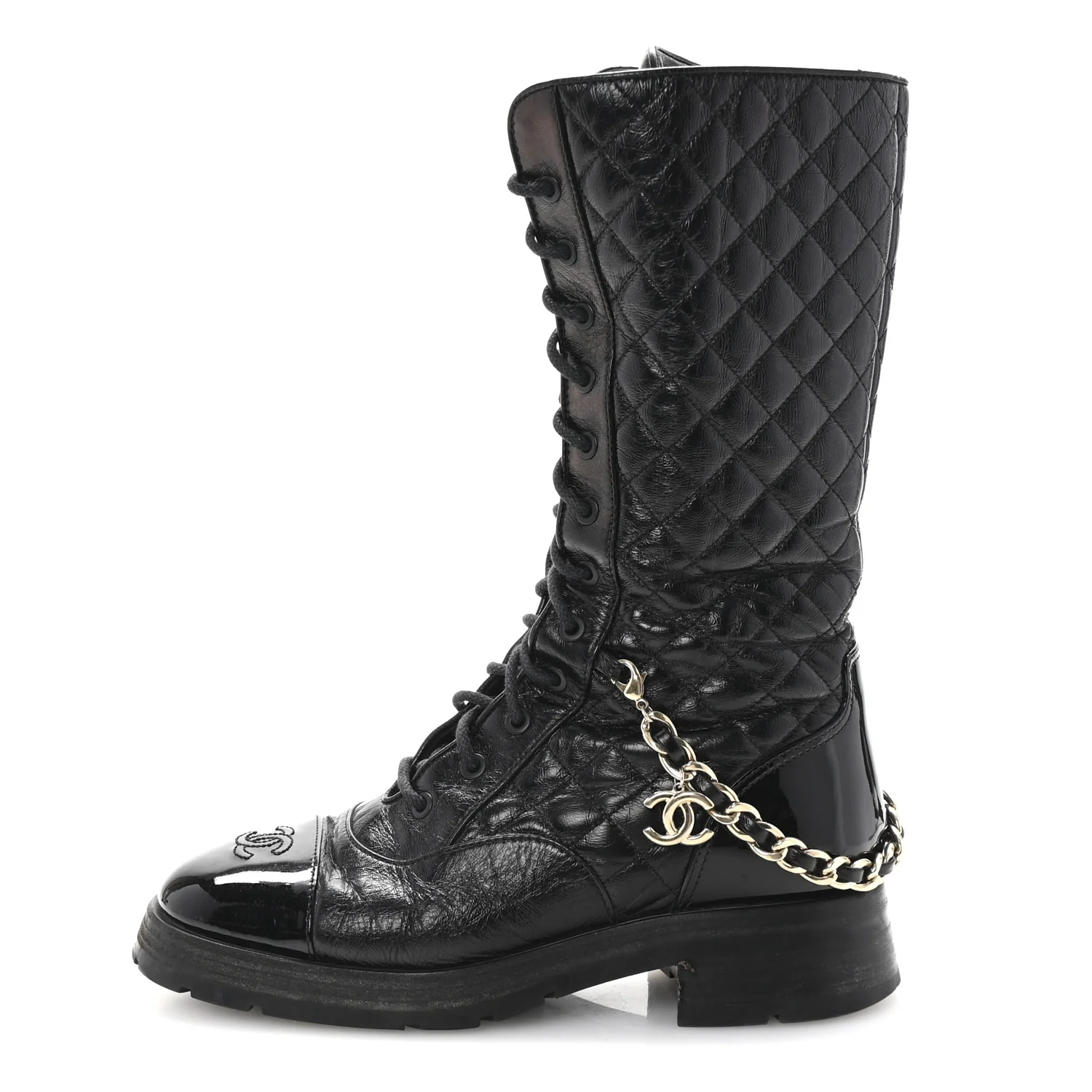 Shiny Calfskin Patent Quilted Chain Lace Up Combat Long Boots 38.5 Black