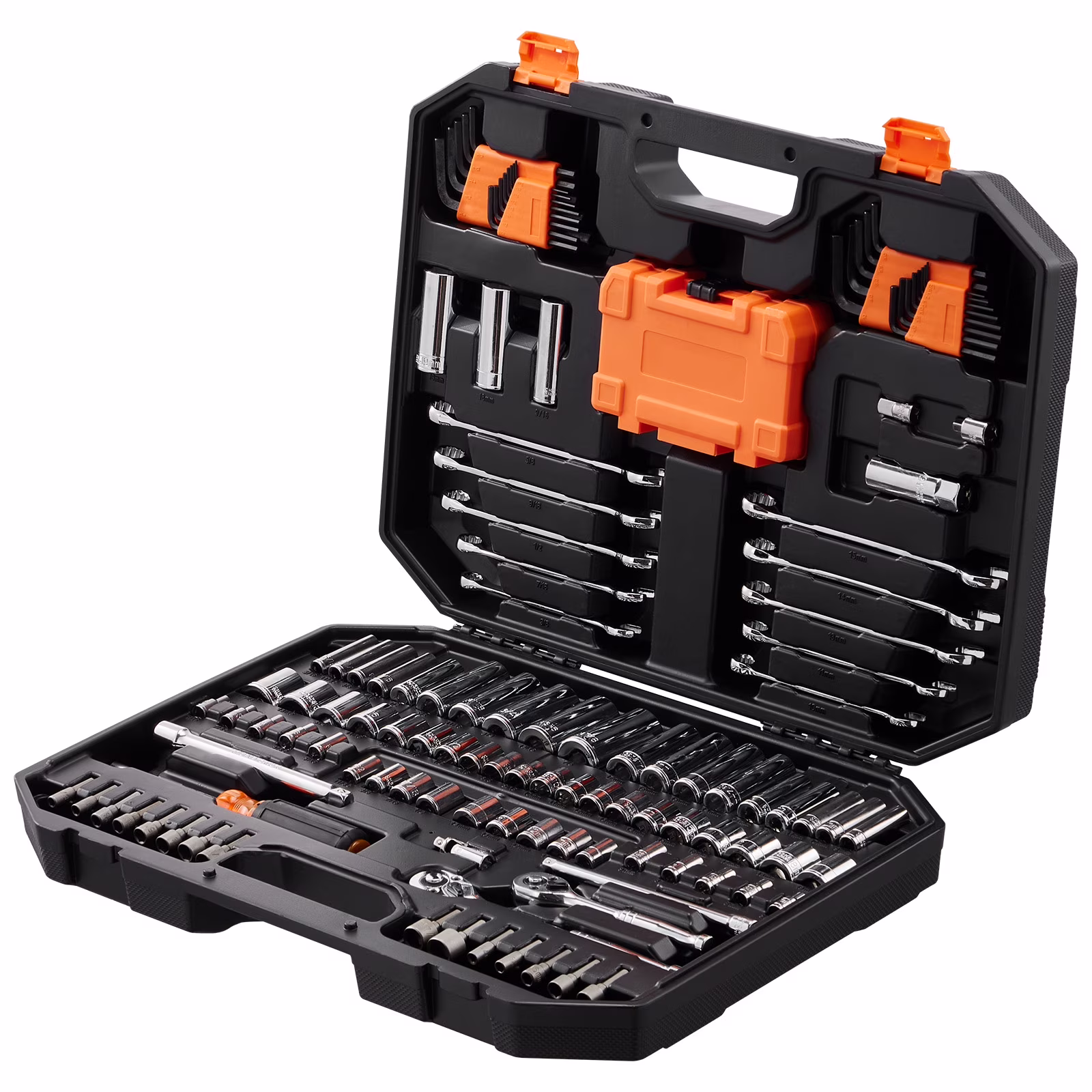 SKYSHALO Mechanics Tool Set and Socket Set, 1/4 and 3/8 Drive Deep & Standard Sockets, 145 Piece SAE and Metric Mechanic Tool Kit with Bits, Combination Wrench, Hex Wrenches, Accessories