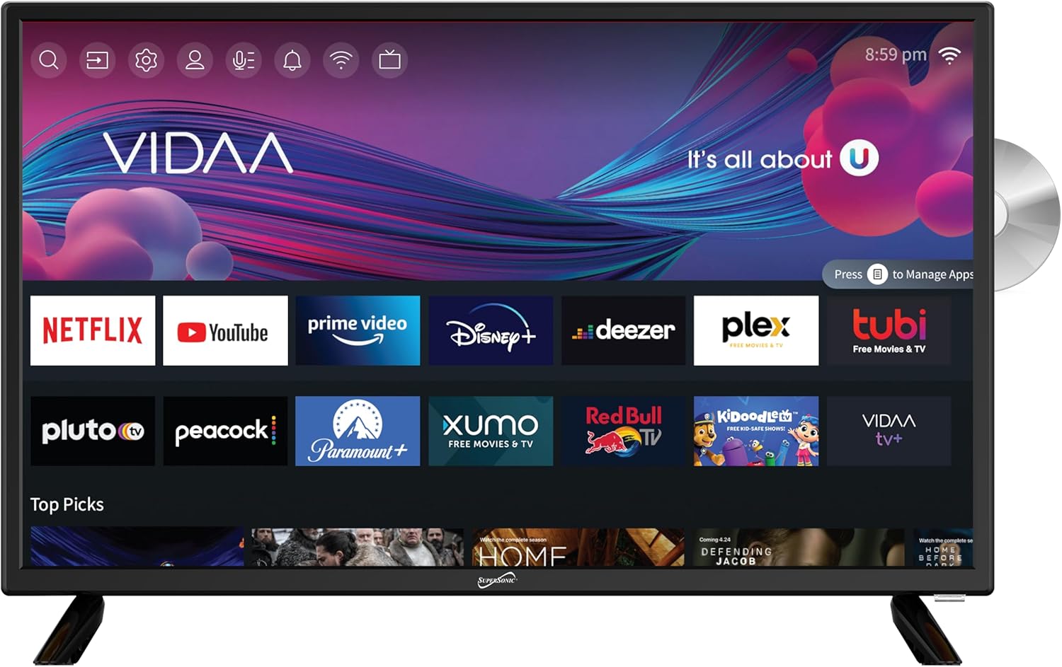 Supersonic SC-2426SDVD 24-inch LED Smart HDTV w/DVD Player  ATSC & NTSC System  3X HDMI  1080p  WiFi  USB  Multi Language OSD  AC/DC Compatible for Home  Kitchen  or RV Camper  DC Car Cord Included