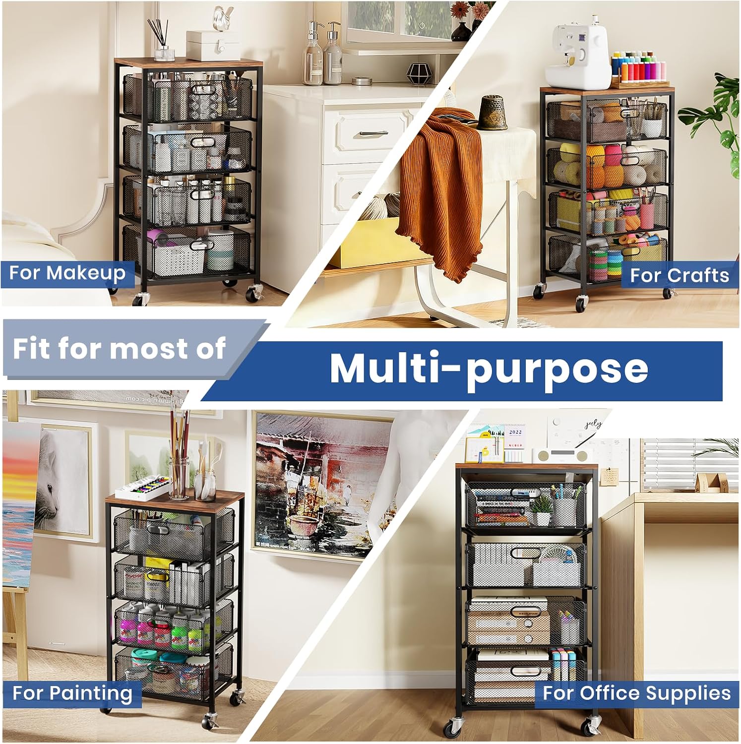 Goovilla Kitchen Cart with Drawers, Lockable Wheels with Wooden Top, Black