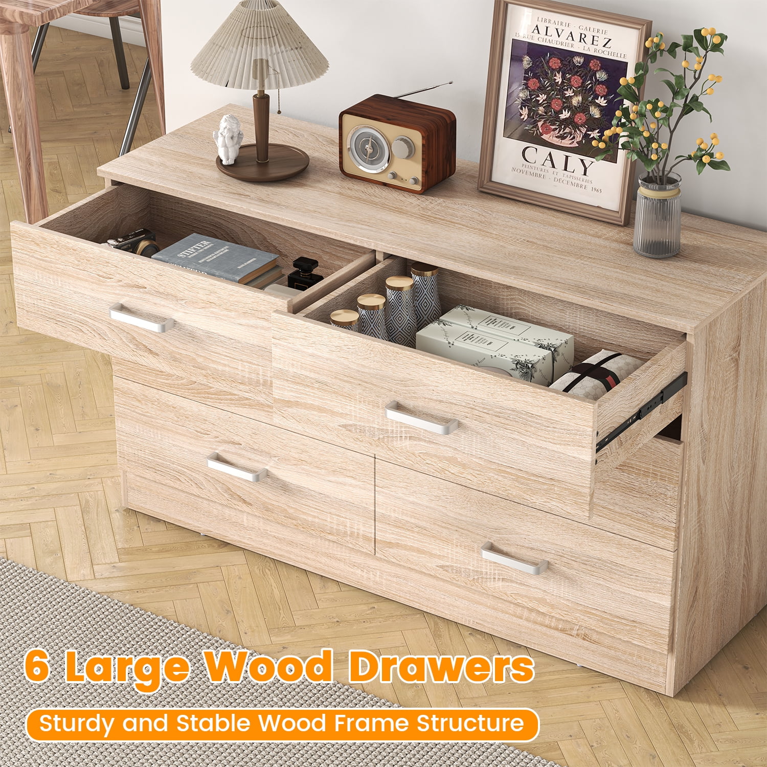 Winkalon 6 Drawer Oak Double Dresser, Wood Storage Cabinet with Easy Pull Out Handles for Living Room, Chest of Drawers for Bedroom