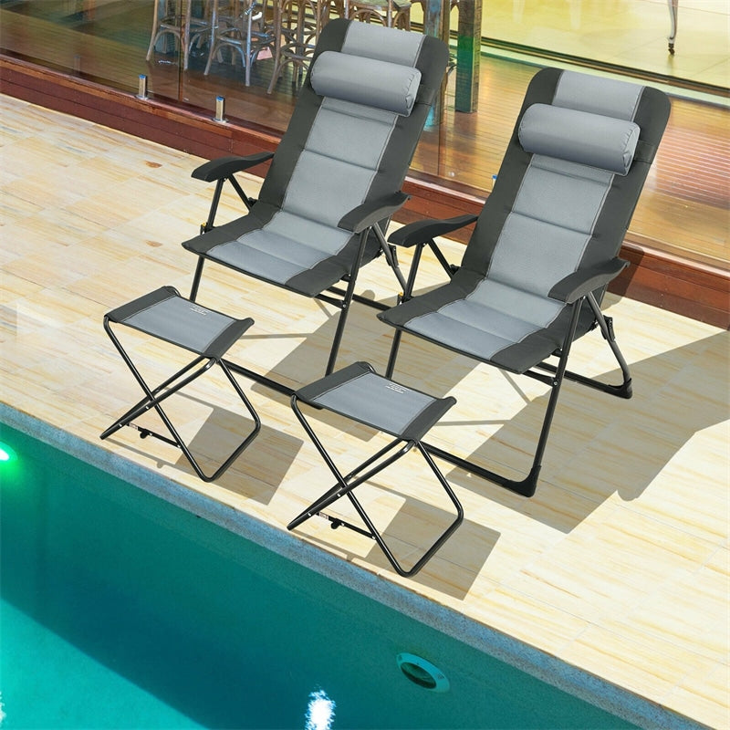 Ensemble de 4 fauteuils de jardin pliants inclinables avec 2 repose-pieds, chaise de camping extérieure avec dossier et appui-tête réglables en 7 positions et sac de rangement en filet