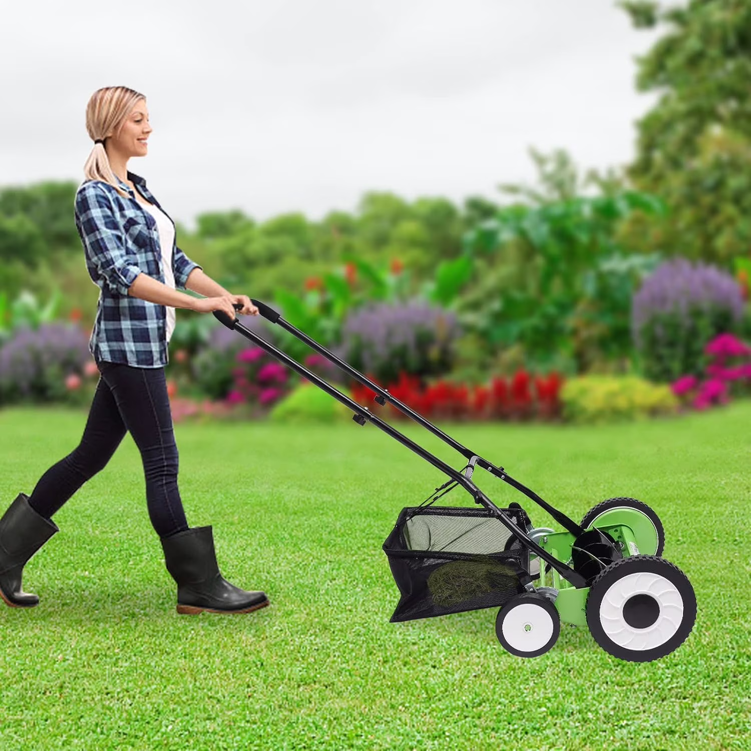 Miumaeov 16 5-Blade Hand Push Reel Lawn Mower with Grass Catcher Walk Behind Lawn Mower No Motor for Garden