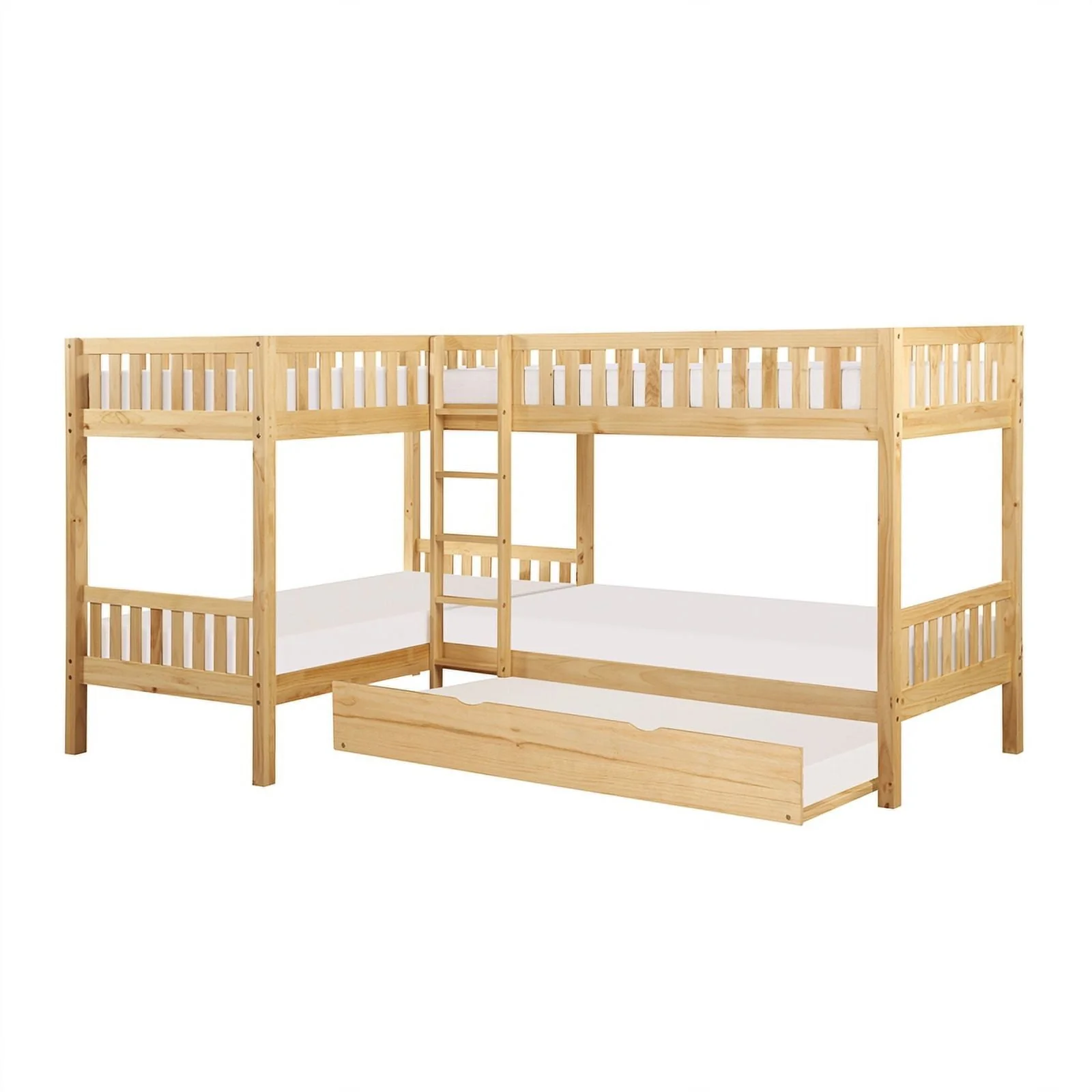 Contemporary Wood Corner Bunk Bed with Twin Trundle in Natural Pine Image 3