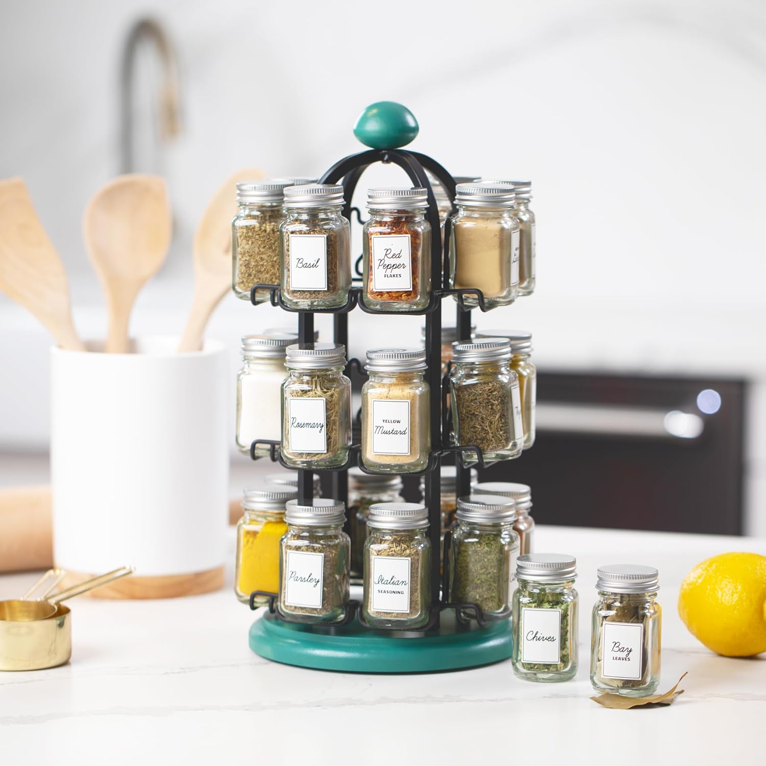 Orii Adrinova 24 Jar Rotating Spice Rack with Spices Included & 5-Year Spice Refill Program – Revolving Countertop Spice Rack with Glass Jars