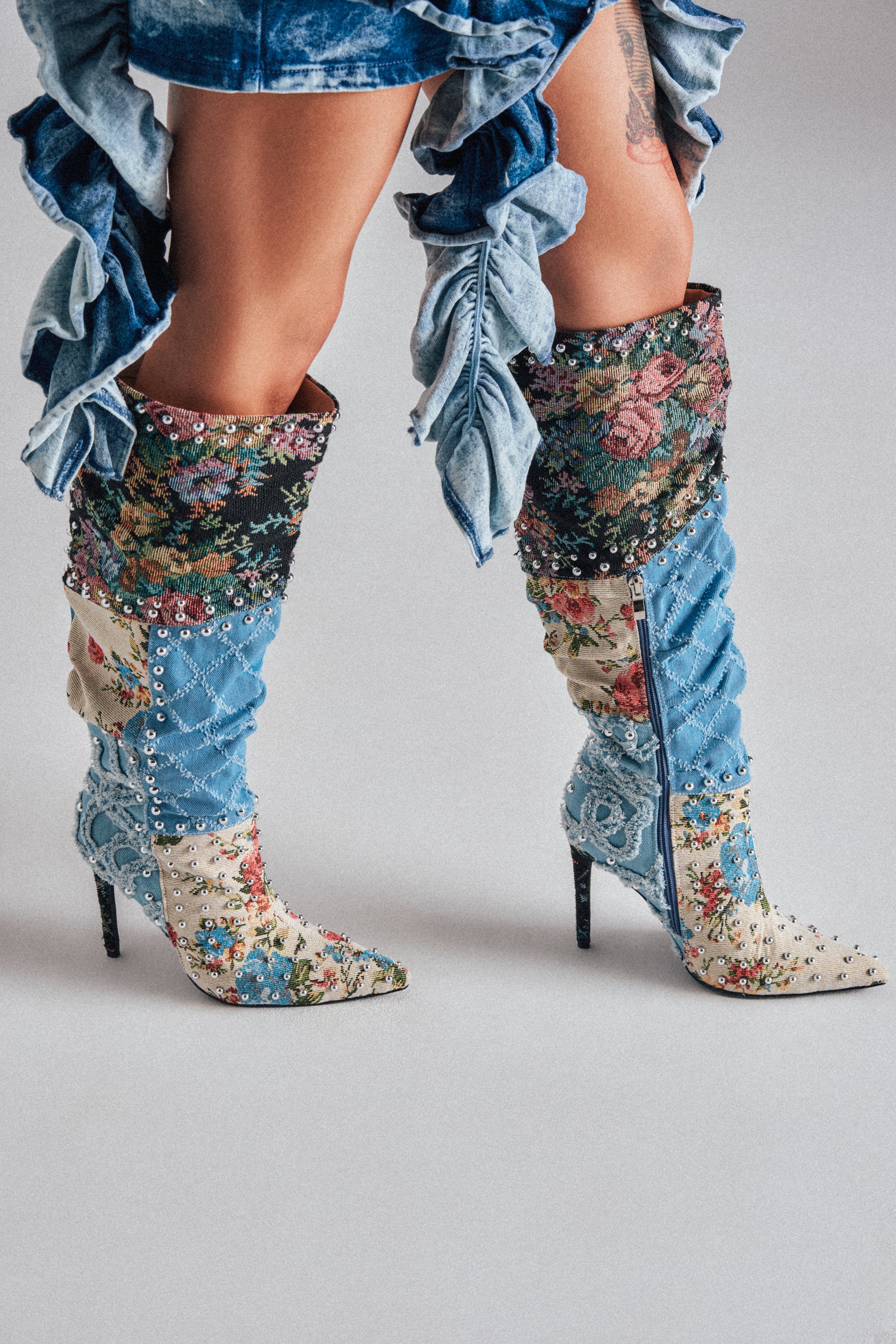 AZALEA WANG AILA DENIM MULTI STUDDED POINTED TOE STILETTO BOOT - Akira Store