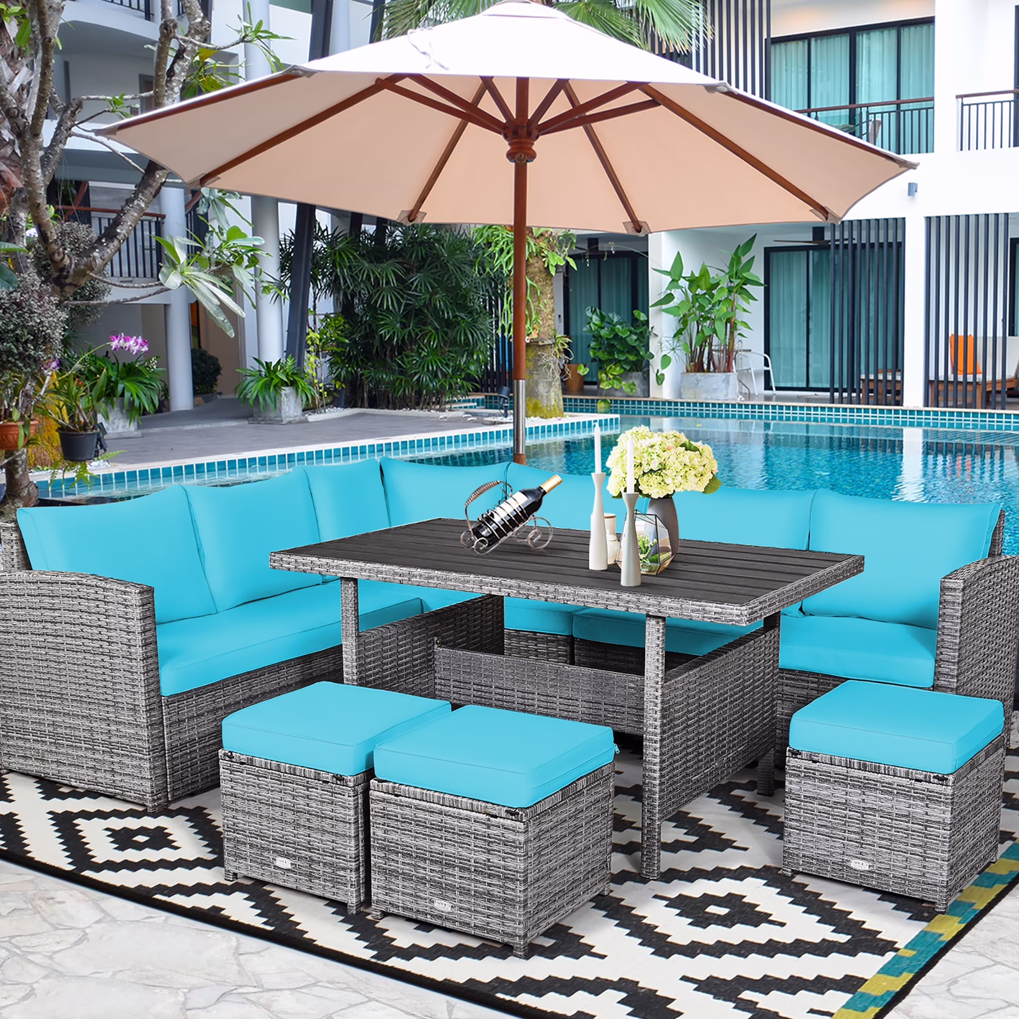 Costway 7 PCS Patio Rattan Dining Set Sectional Sofa Couch Ottoman Garden Red