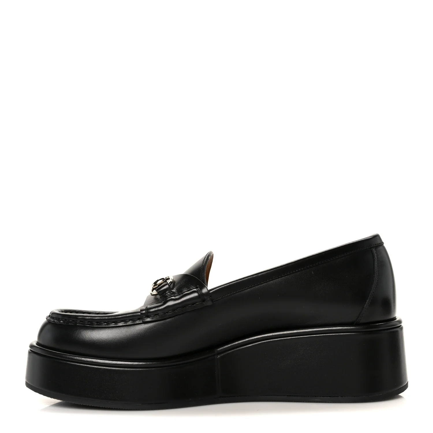 Kama Calfskin Horsebit Womens Wedge Platform Loafers 38.5 Black