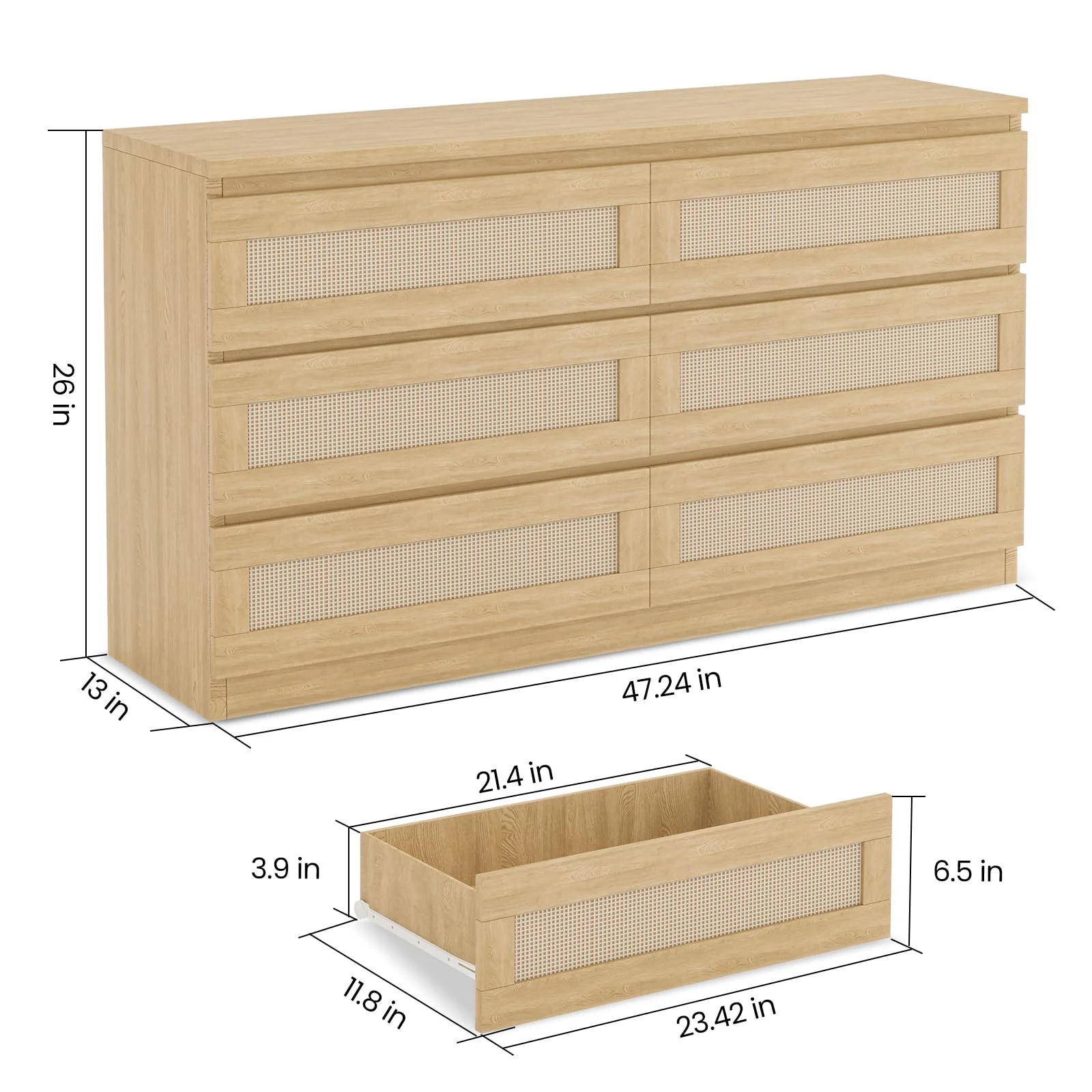 Garvee Rattan Dresser for Bedroom 6 Drawer, Double Dresser with Anti - Tip Kit, Wood Storage Wide Chest of Drawers for Bedroom, Living Room, Hallway, Oak Color