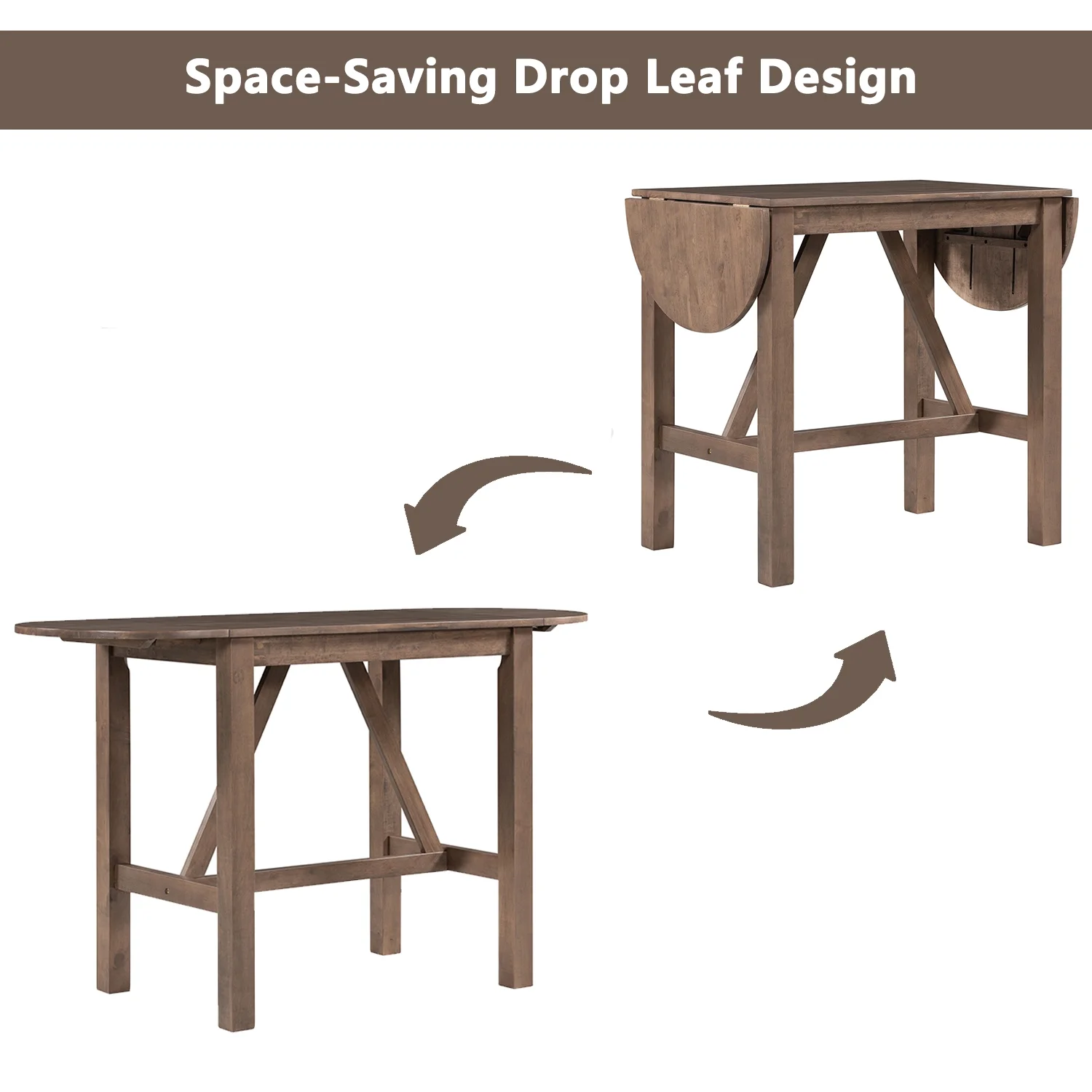 3 Piece Wood Folding Dining Table Set Drop Leaf Table with 2 Padded Counter Height Dining Chairs for Small Place, Brown(Brown) - Image 5