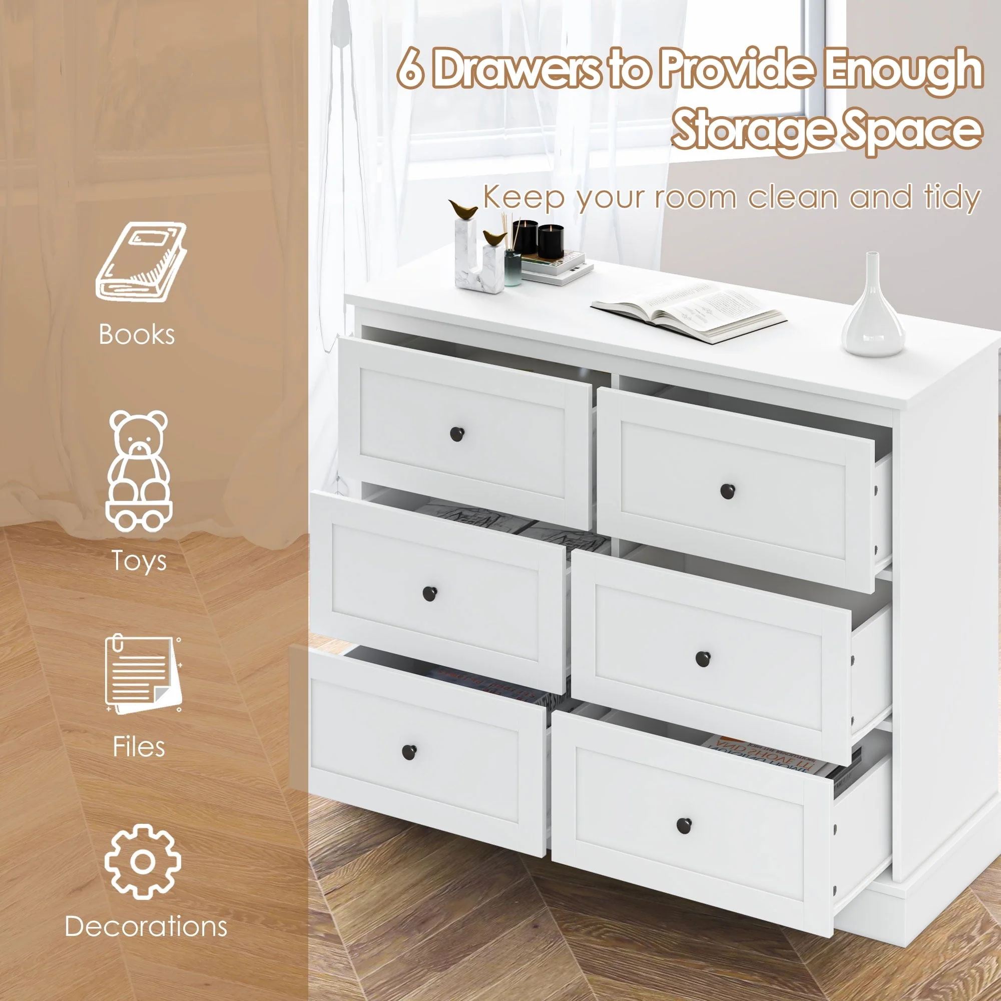 6 Drawer Double Dresser White, Wood Storage Cabinet for Living Room, Chest of Drawers for Bedroom Image 8