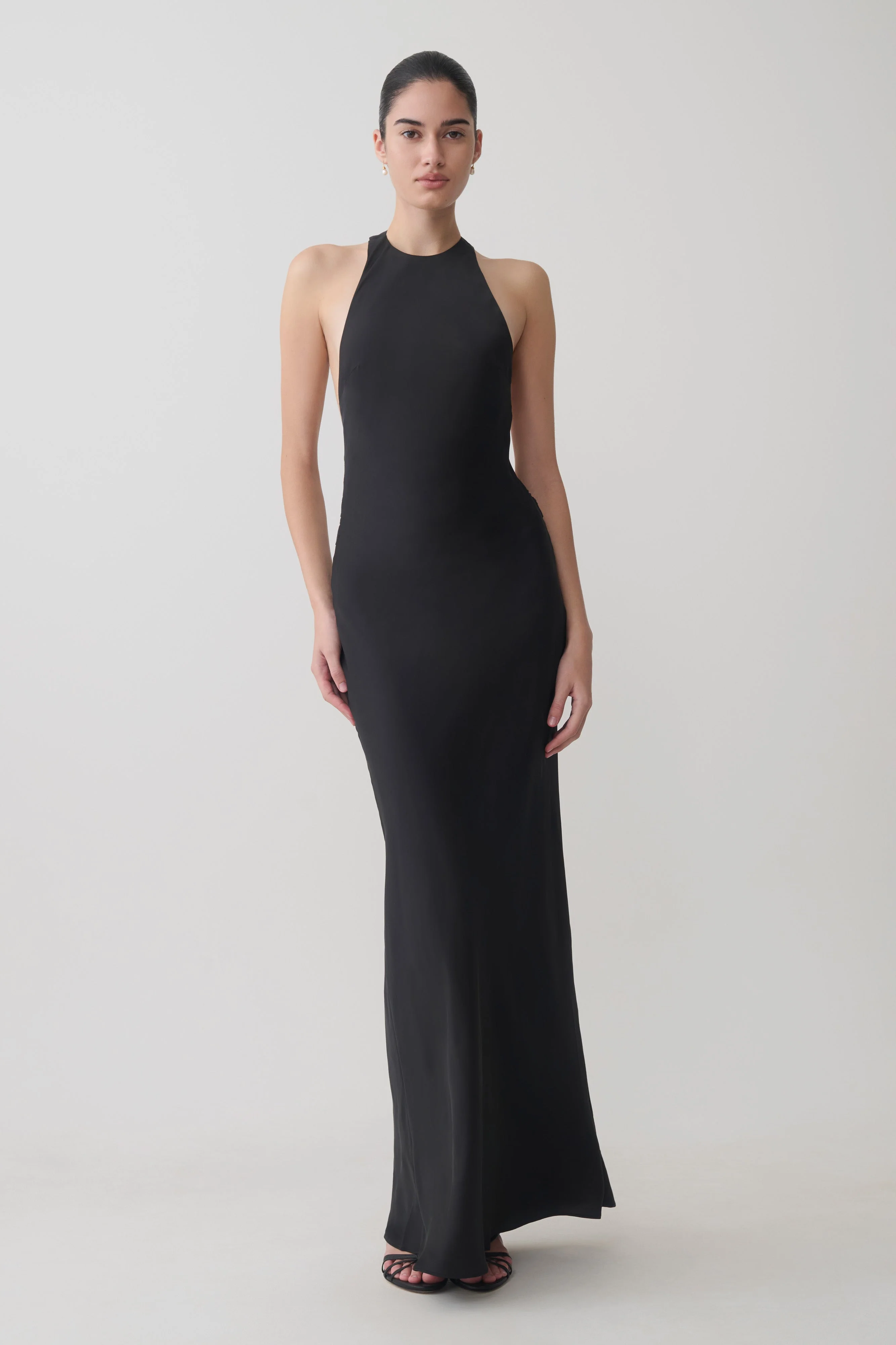 Rinna Satin Halter Maxi Dress - Black