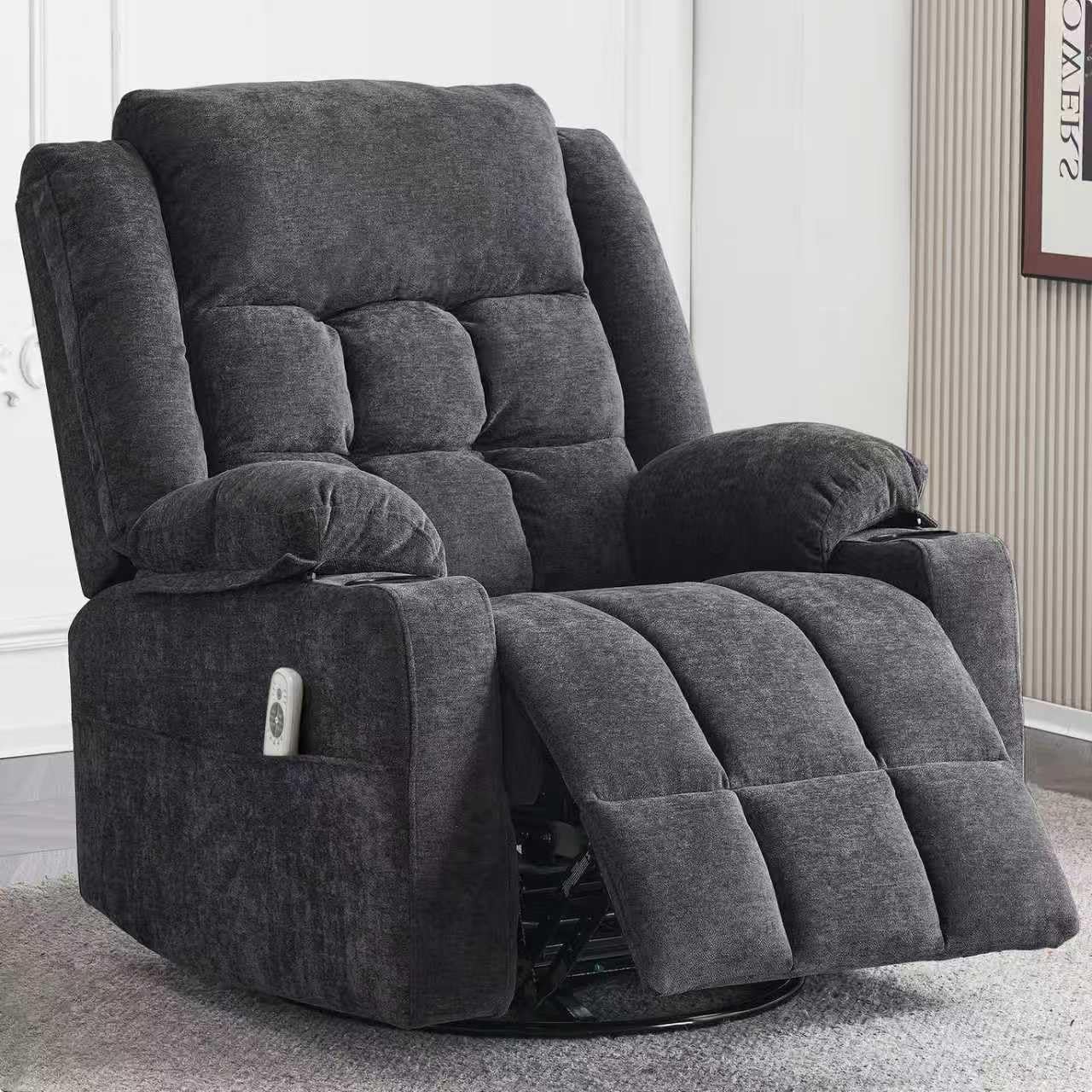 Power Swivel Rocker Recliner Chair for Adults with Massage and Heat, USB and Type-C Ports, Infinite Position, Electric Glider Reclining Single Sofa Chair for Living Room (Dark Grey Fabric)