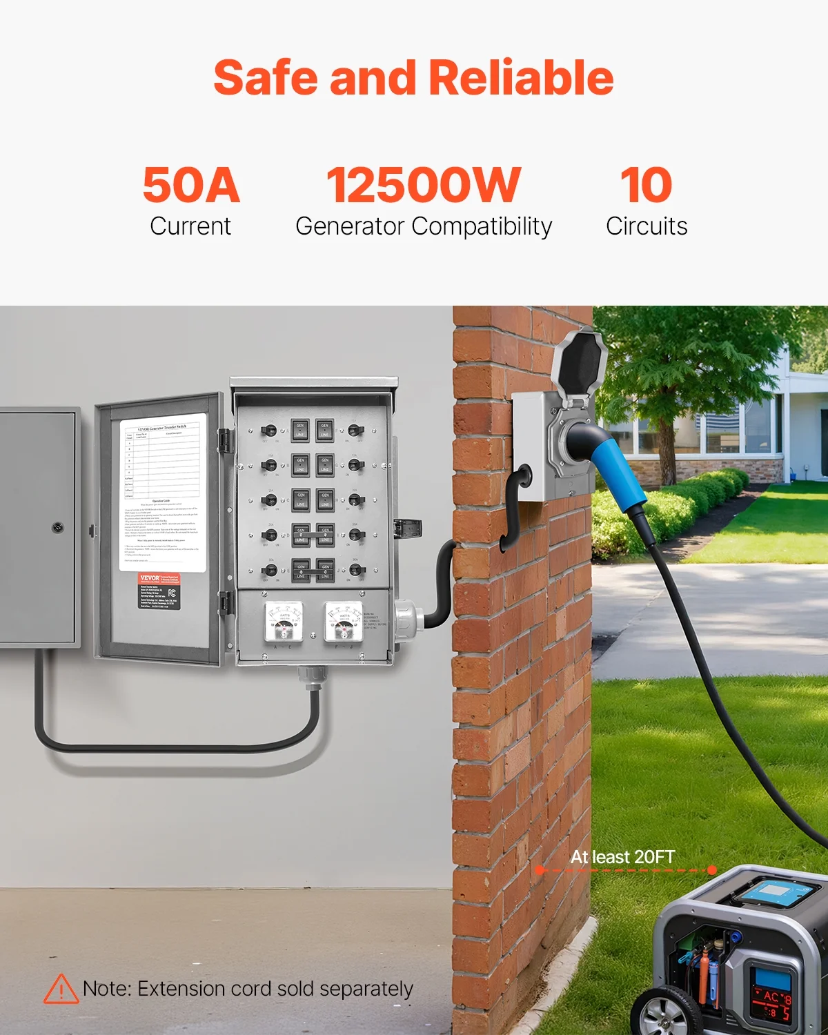 VEVOR Manual Transfer Switch, 50 - Amp 10 - Circuit, Prewired Generator Transfer Switch Kit with CS6375 Plug Power Inlet Box, Double - Throw Switch, NEMA 3R, Mechanical Watt Meter, for 12500W Generators