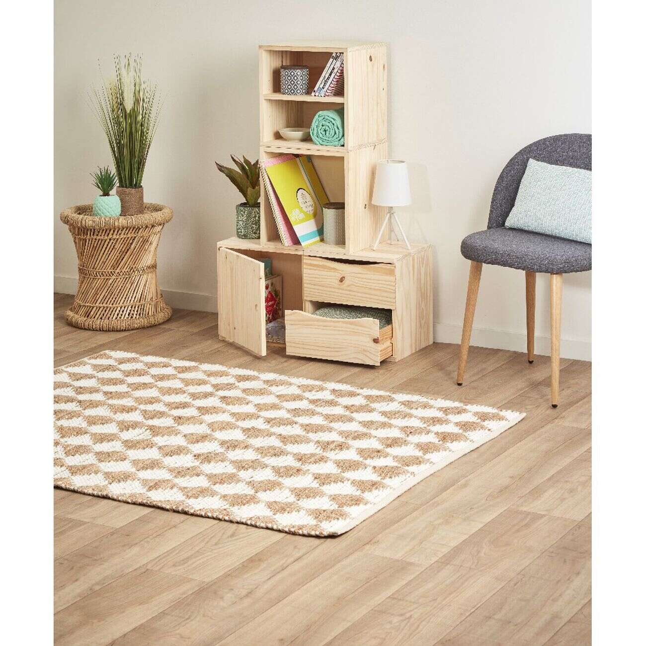 Cube de rangement 1 porte pin naturel