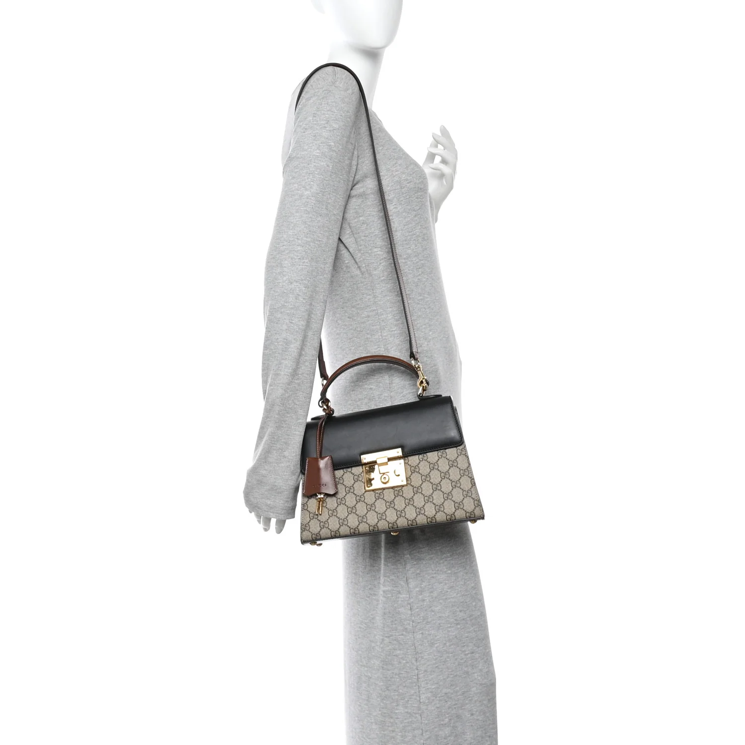 GG Supreme Monogram Calfskin Small Padlock Top Handle Bag Beige Black Cuir