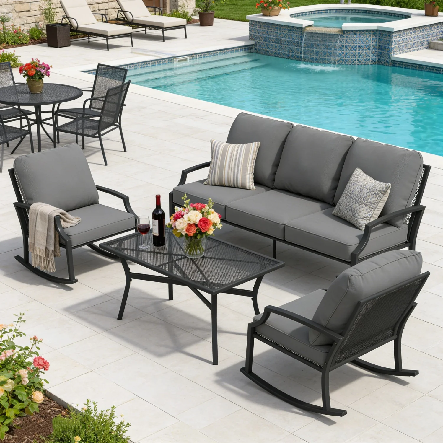 AECOJOY 4-Piece Outdoor Patio Furniture Set with Rocking Chair, Metal Patio Conversation Bistro Set