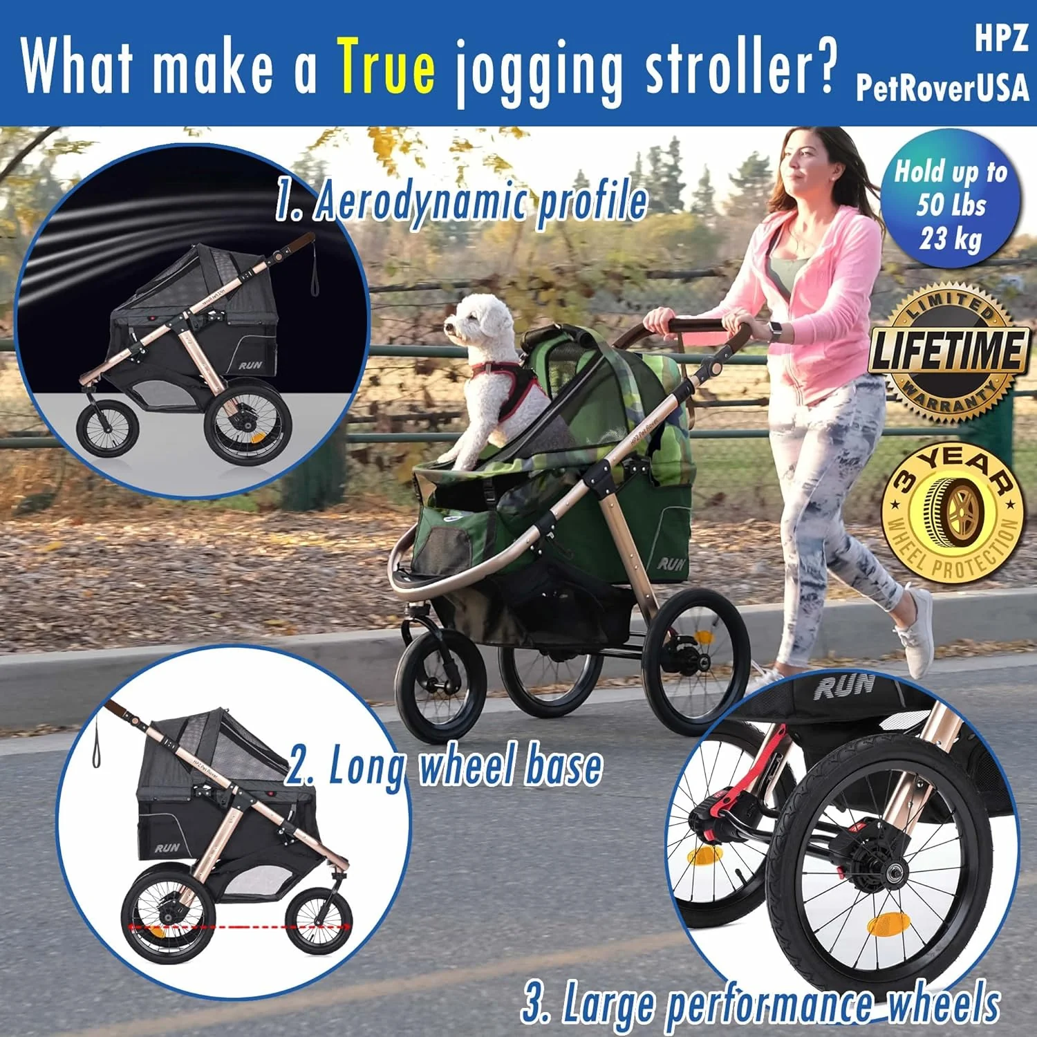 Poussette de sport pour jogging avec roues en caoutchouc confortables/Ouverture sans fermeture éclair/Pliage rapide à une main/Cadre en aluminium pour chiens, chats et animaux de compagnie de petite et moyenne taille (Camouflage vert)