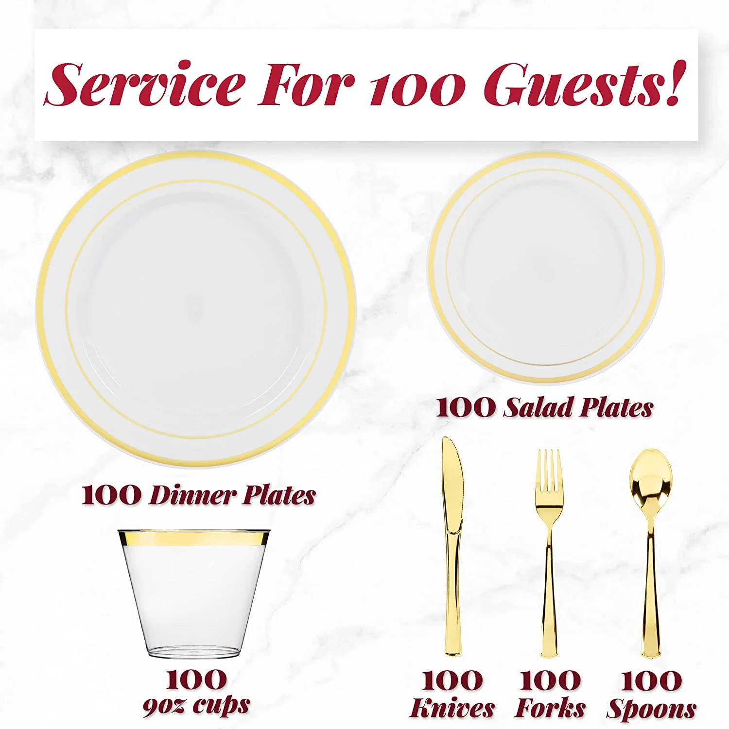 Prestee 600 Piece Gold Dinnerware Party Set (100 Guest), 100 Salad Gold Plates, 100 Gold Plastic Silverware Set, 100 Gold Cups Disposable Party Pack Wedding Birthday Parties(Gold) - Image 4
