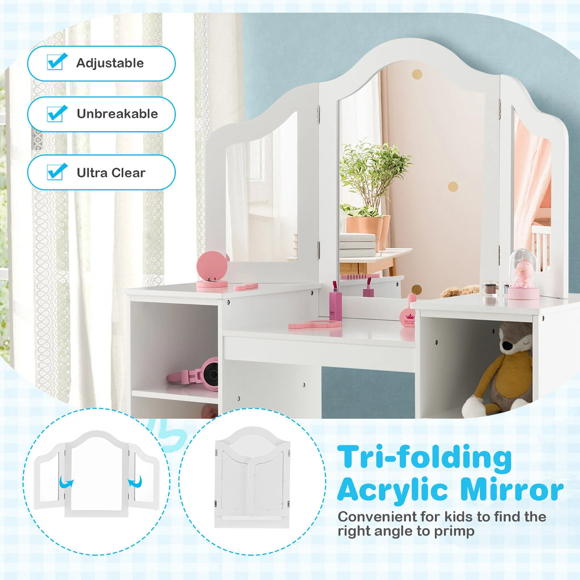 Gymax Kids Vanity 2 in 1 Princess Makeup Desk Chair Set Safe Tri fold Mirror White(Pink) Image 9
