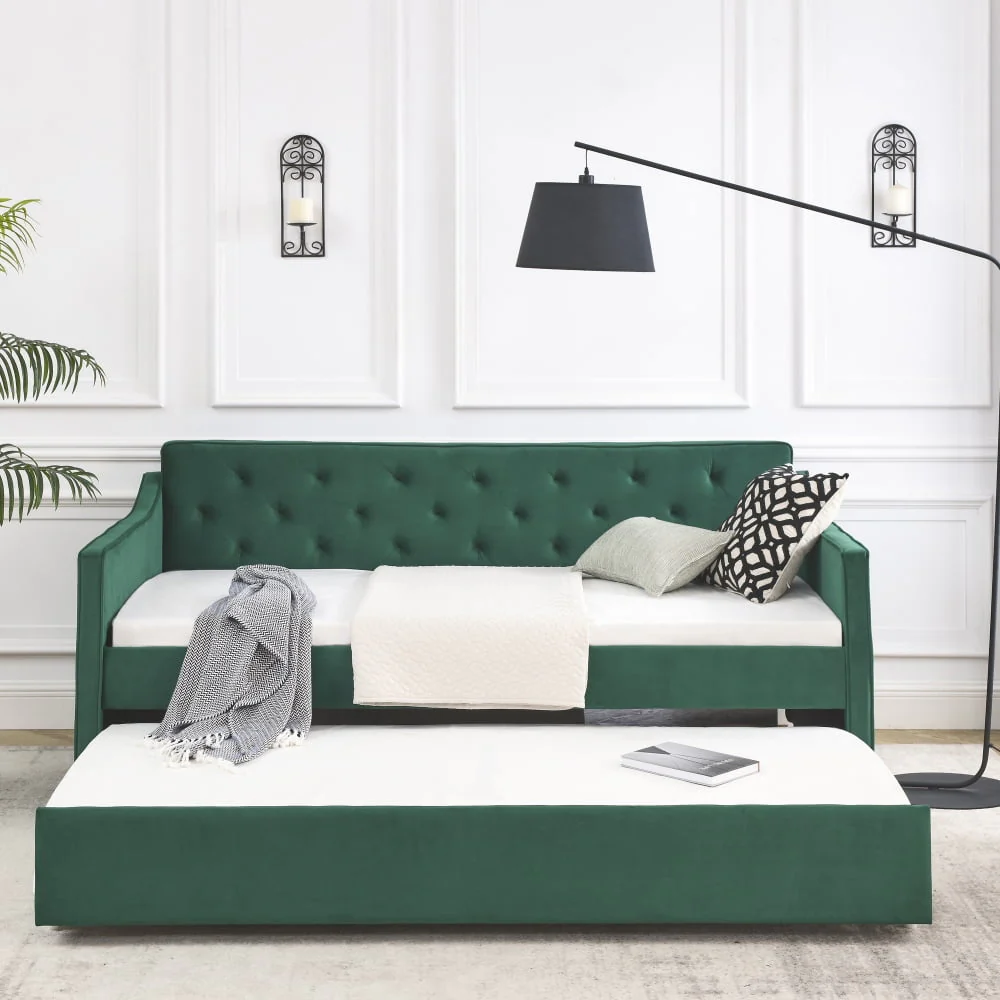 Twin Size Daybed with Trundle, Modern Button Tufted Linen Upholstered Sofa Day Bed Frame with A Roll Out Trundle, Bedframe Furniture for Bedroom Living Room Guest Room,Green Image 4